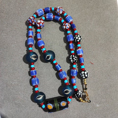 N94 Blue Chevron and White Heart Venetian Beads African Glass Beads Necklace