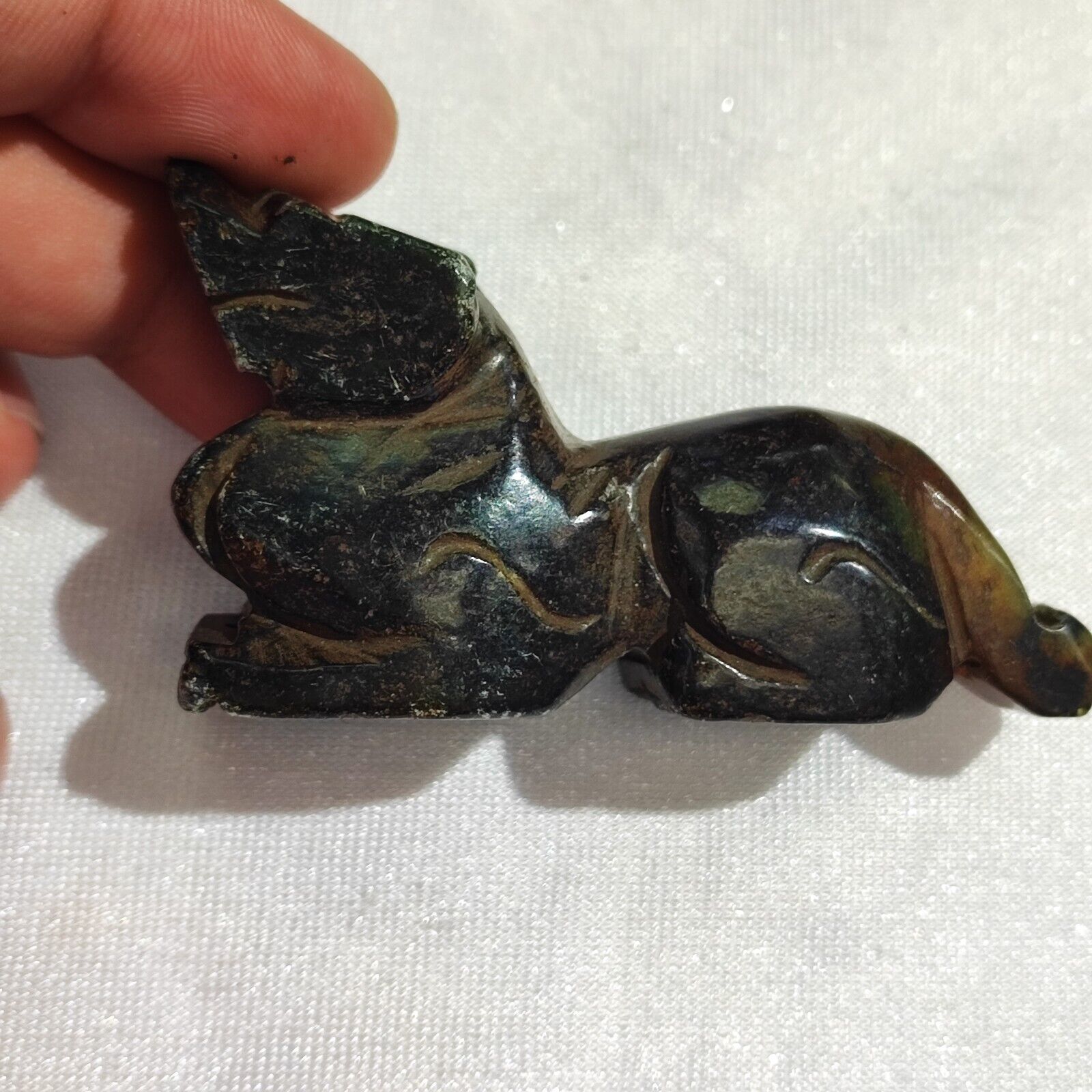 Antique Green jade Stone mysterious animal carving Stone Bead Amulet MG-9-11
