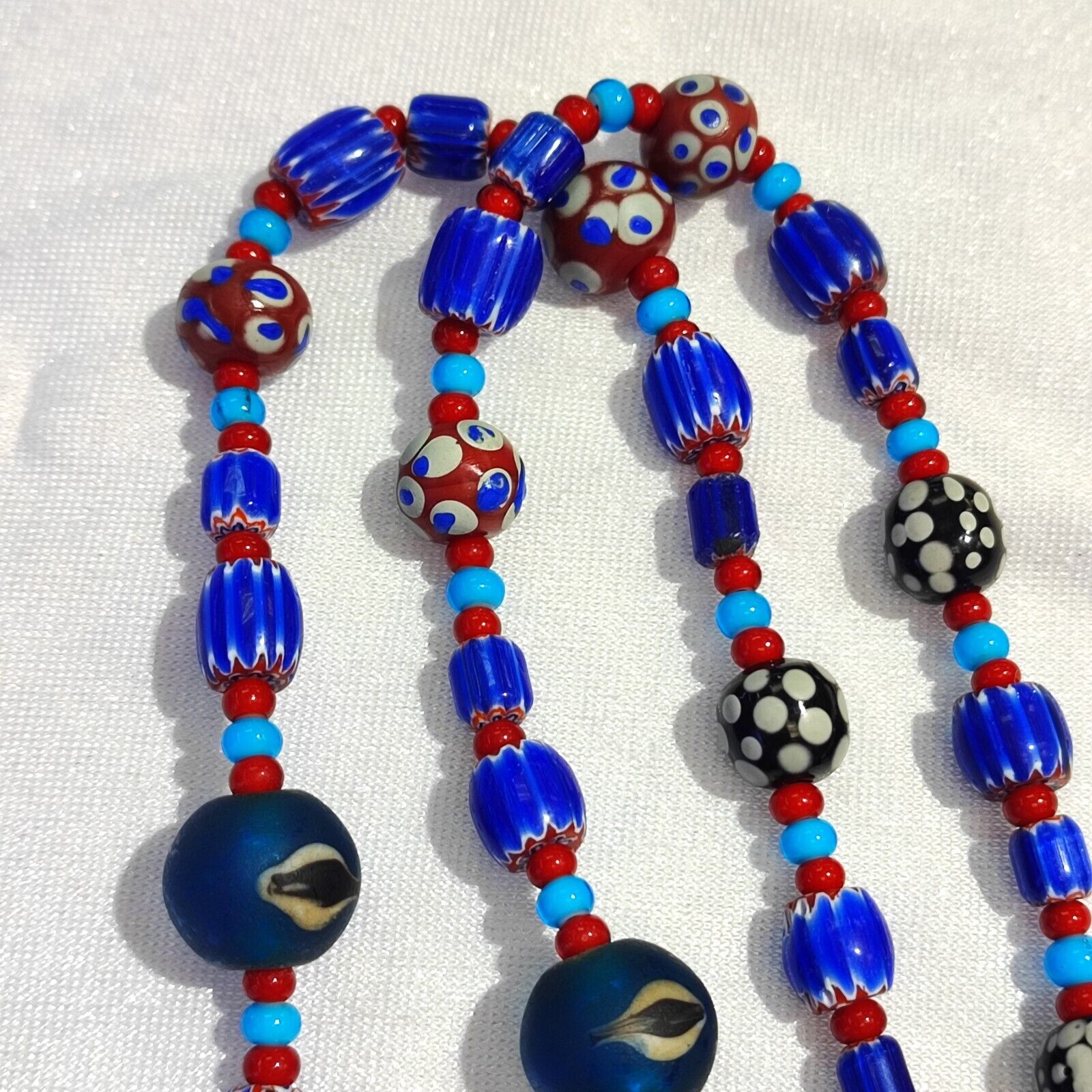 N94 Blue Chevron and White Heart Venetian Beads African Glass Beads Necklace