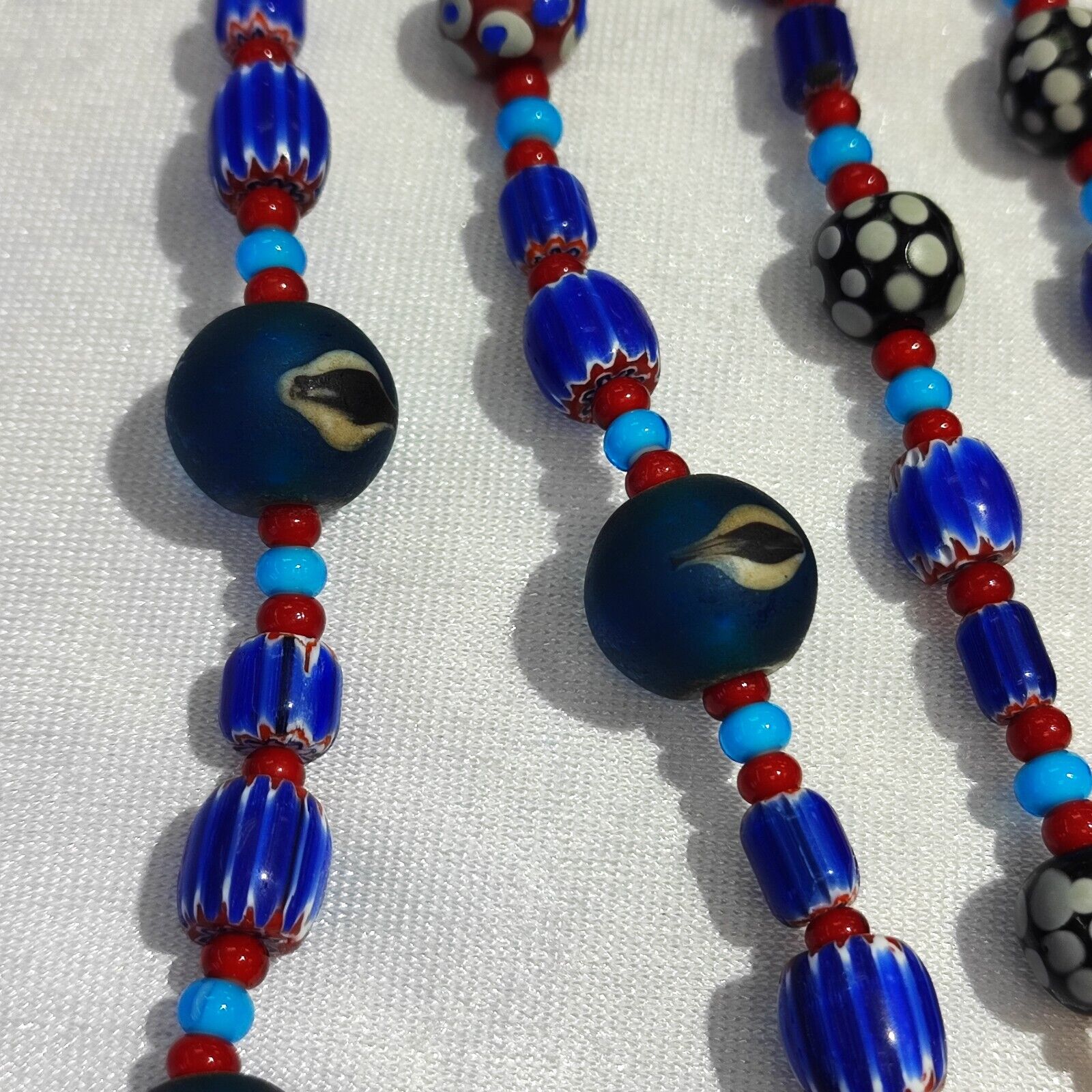 N94 Blue Chevron and White Heart Venetian Beads African Glass Beads Necklace