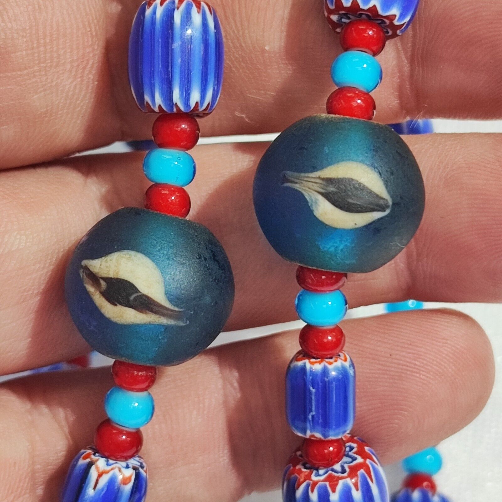 N94 Blue Chevron and White Heart Venetian Beads African Glass Beads Necklace
