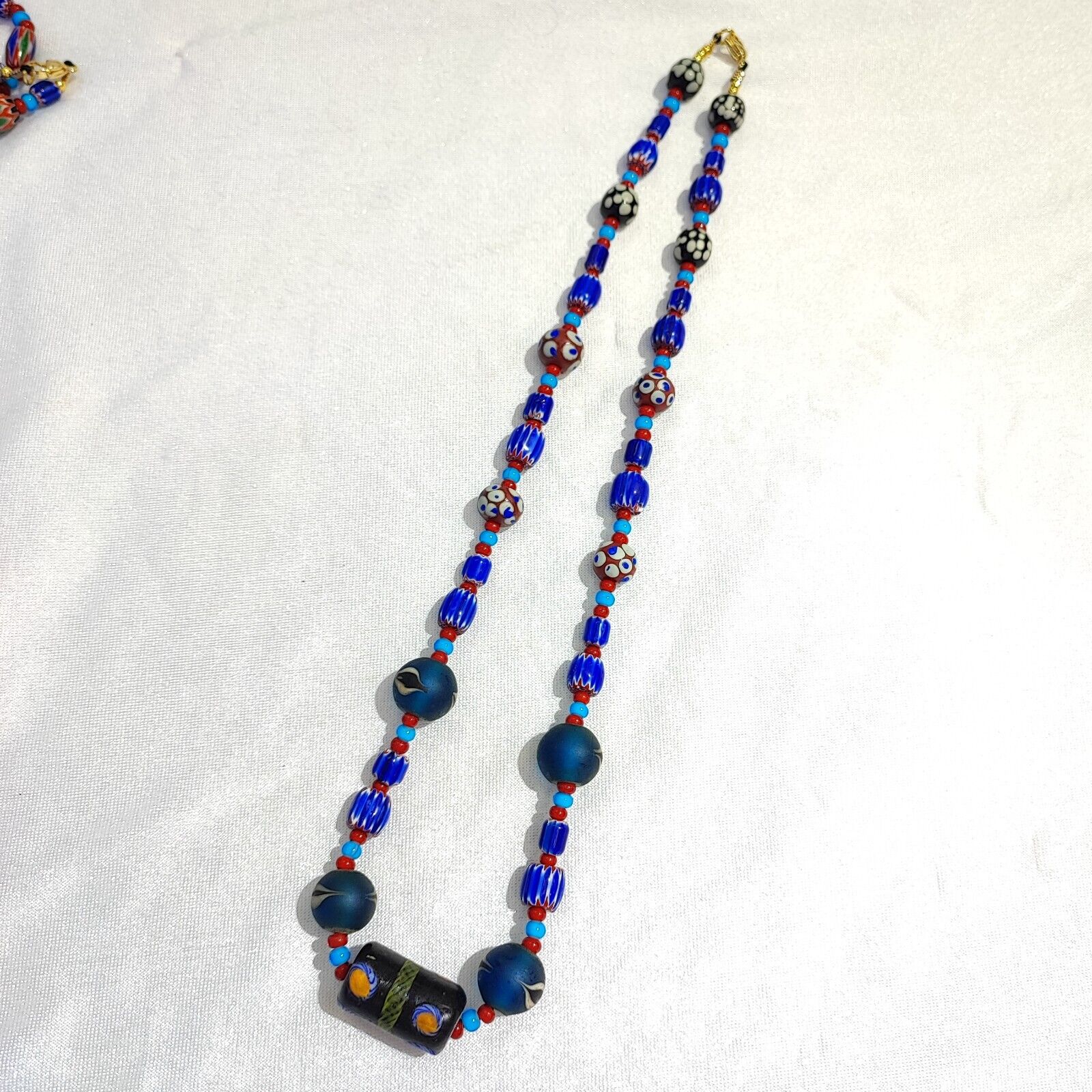 N94 Blue Chevron and White Heart Venetian Beads African Glass Beads Necklace