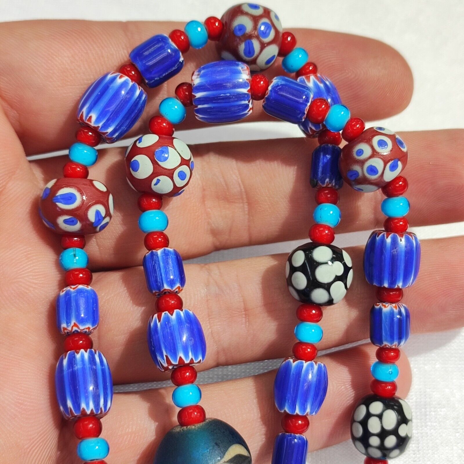 N94 Blue Chevron and White Heart Venetian Beads African Glass Beads Necklace