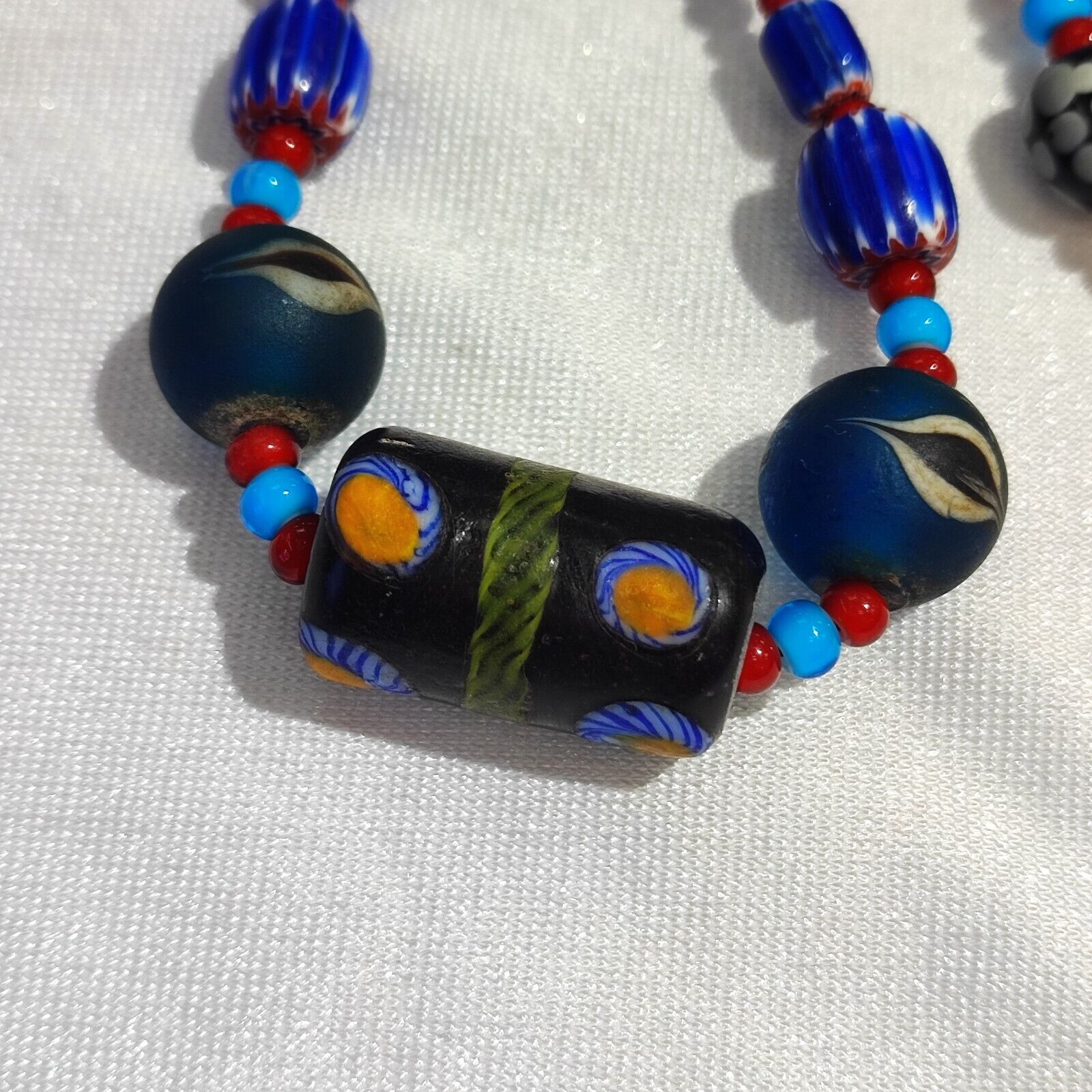 N94 Blue Chevron and White Heart Venetian Beads African Glass Beads Necklace