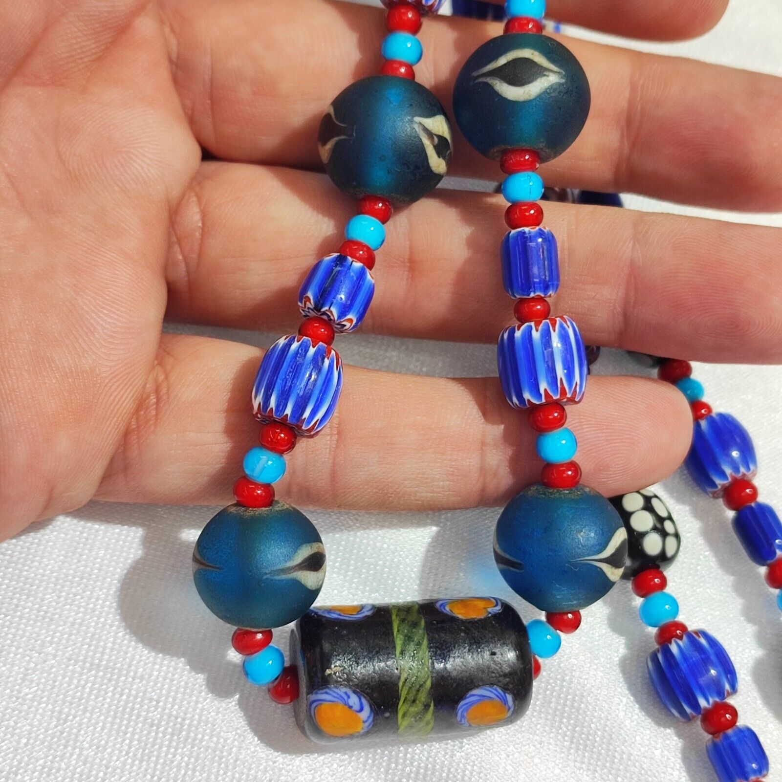 N94 Blue Chevron and White Heart Venetian Beads African Glass Beads Necklace