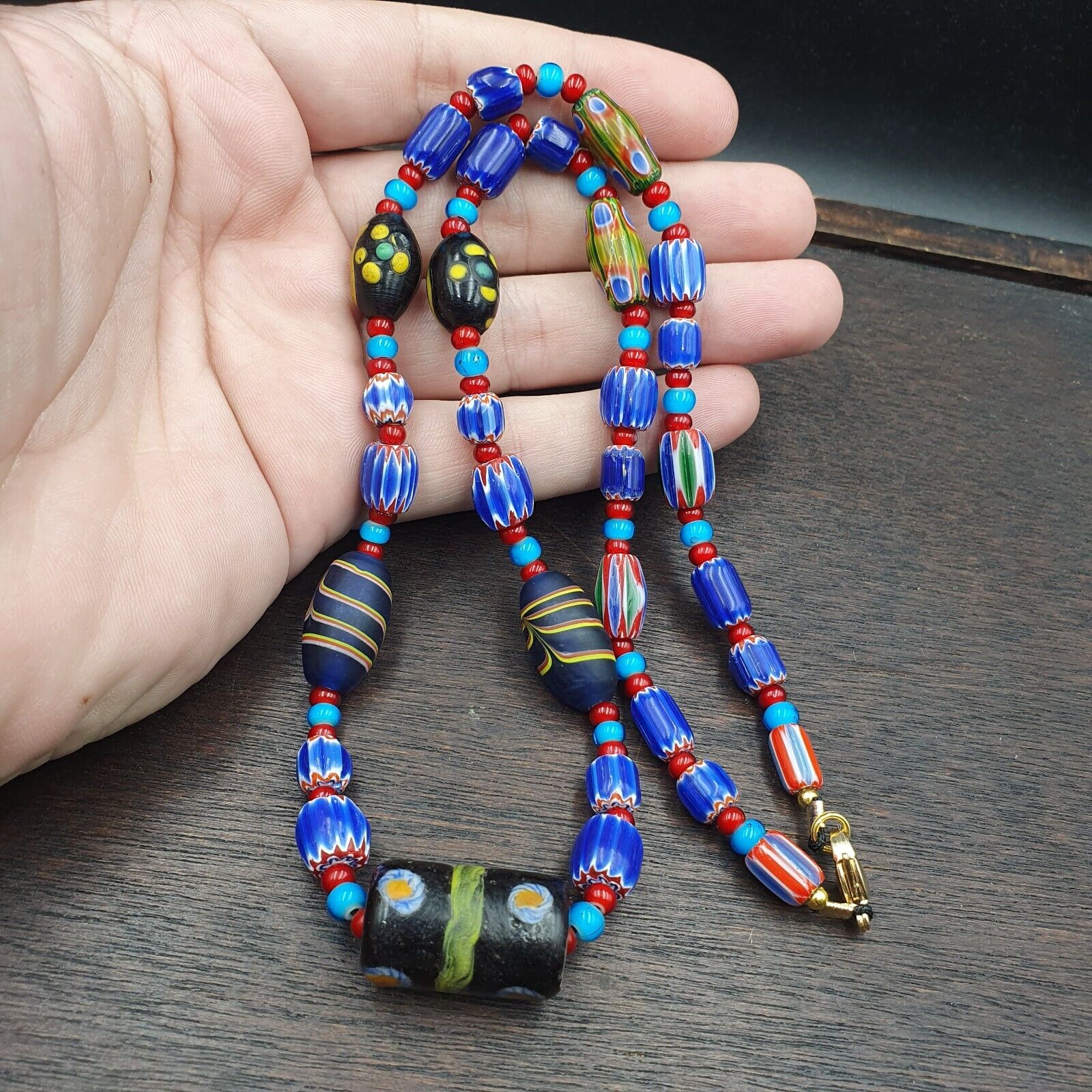 N97 Blue Chevron and White Heart Venetian Beads African Glass Beads Necklace