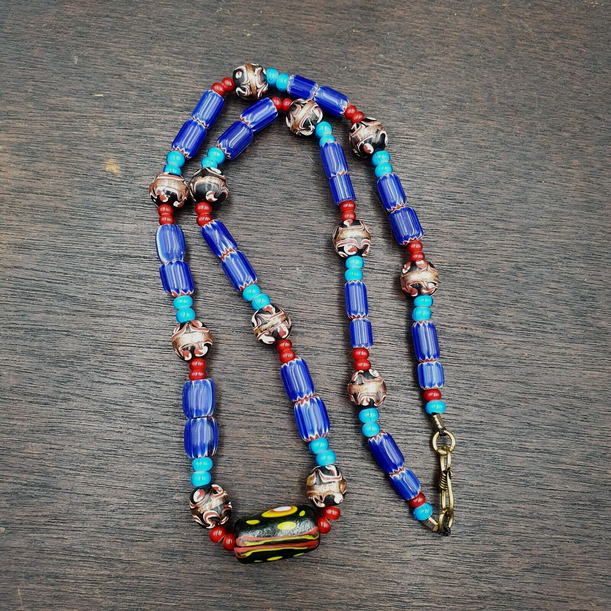 N96 Blue Chevron and White Heart Venetian Beads African Glass Beads Necklace