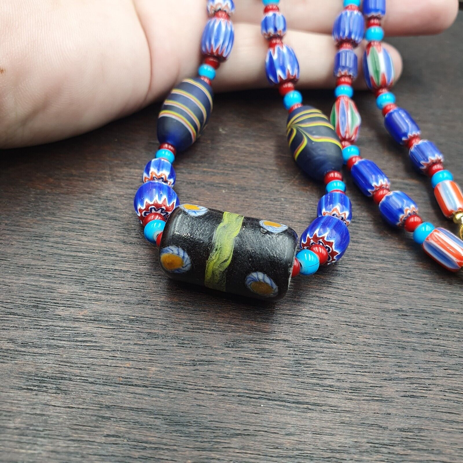 N97 Blue Chevron and White Heart Venetian Beads African Glass Beads Necklace