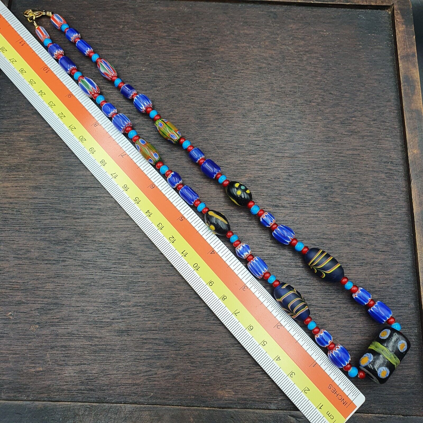 N97 Blue Chevron and White Heart Venetian Beads African Glass Beads Necklace