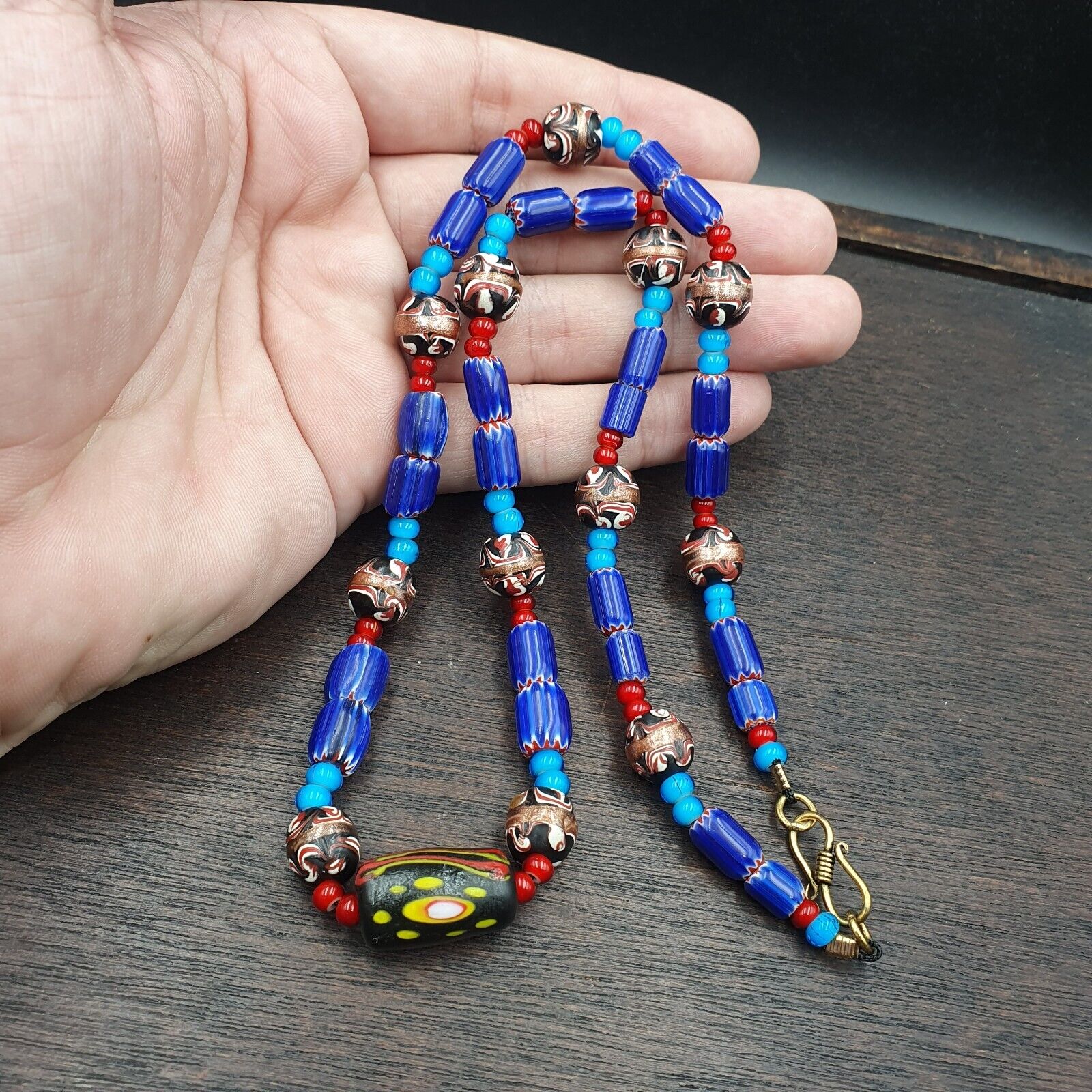 N96 Blue Chevron and White Heart Venetian Beads African Glass Beads Necklace
