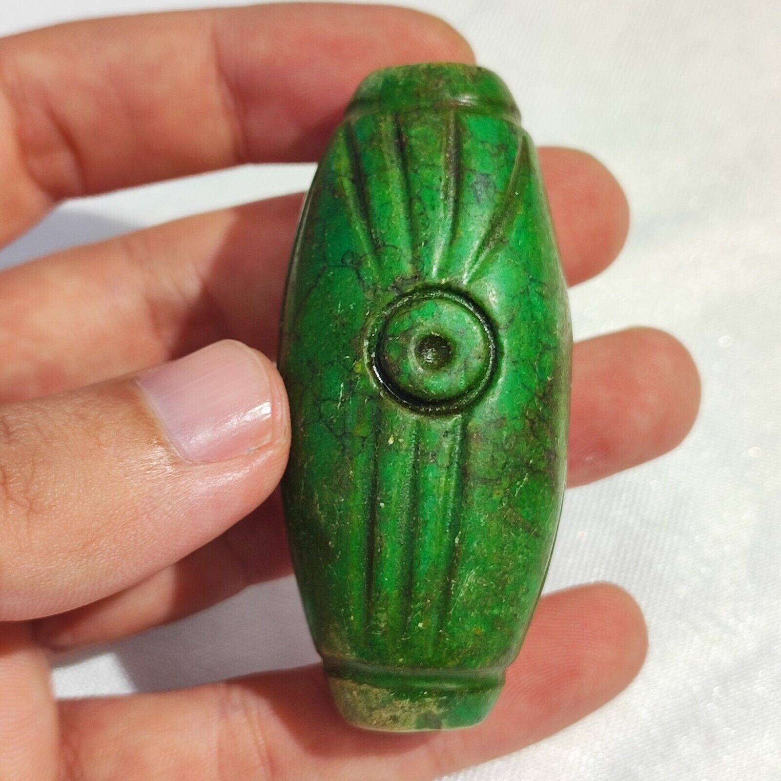 Antique Green Hawlight Stone carving Stone Eyes Bead Amulet MG-9-12