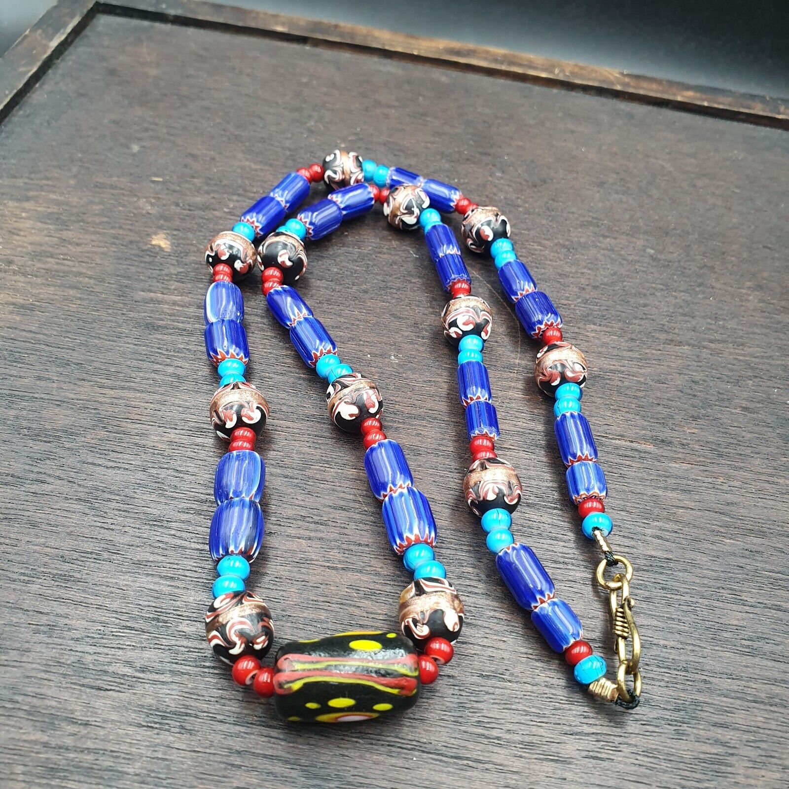 N96 Blue Chevron and White Heart Venetian Beads African Glass Beads Necklace
