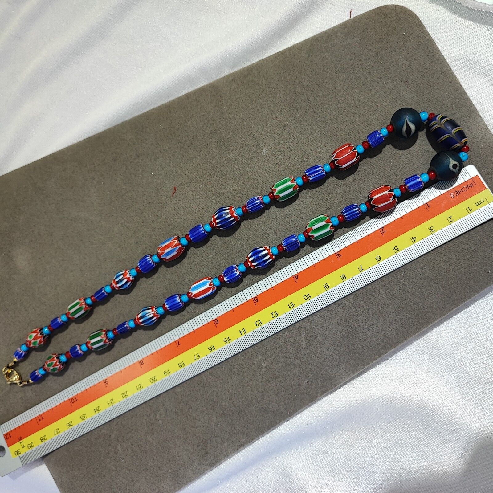 N95 Blue Chevron and White Heart Venetian Beads African Glass Beads Necklace