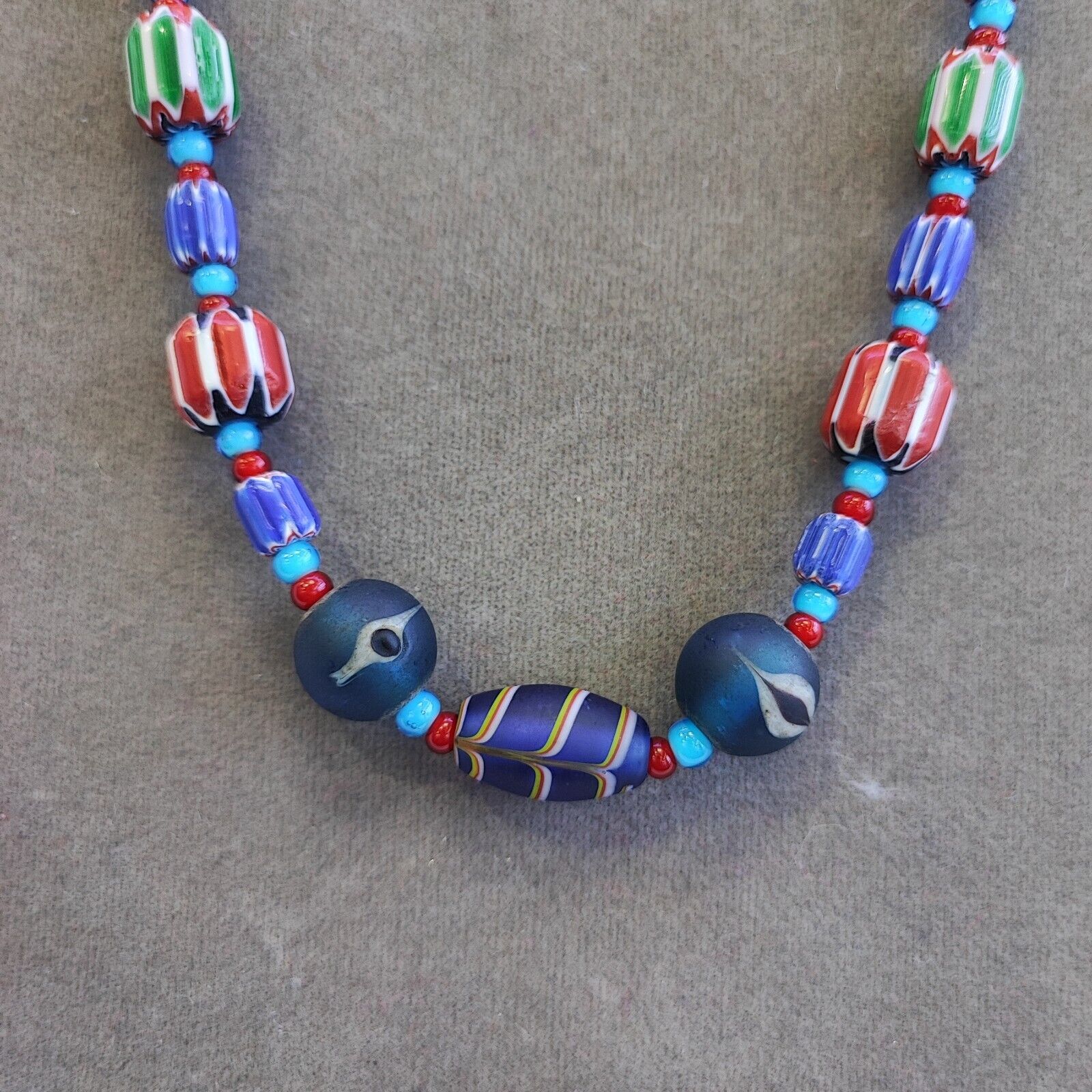 N95 Blue Chevron and White Heart Venetian Beads African Glass Beads Necklace