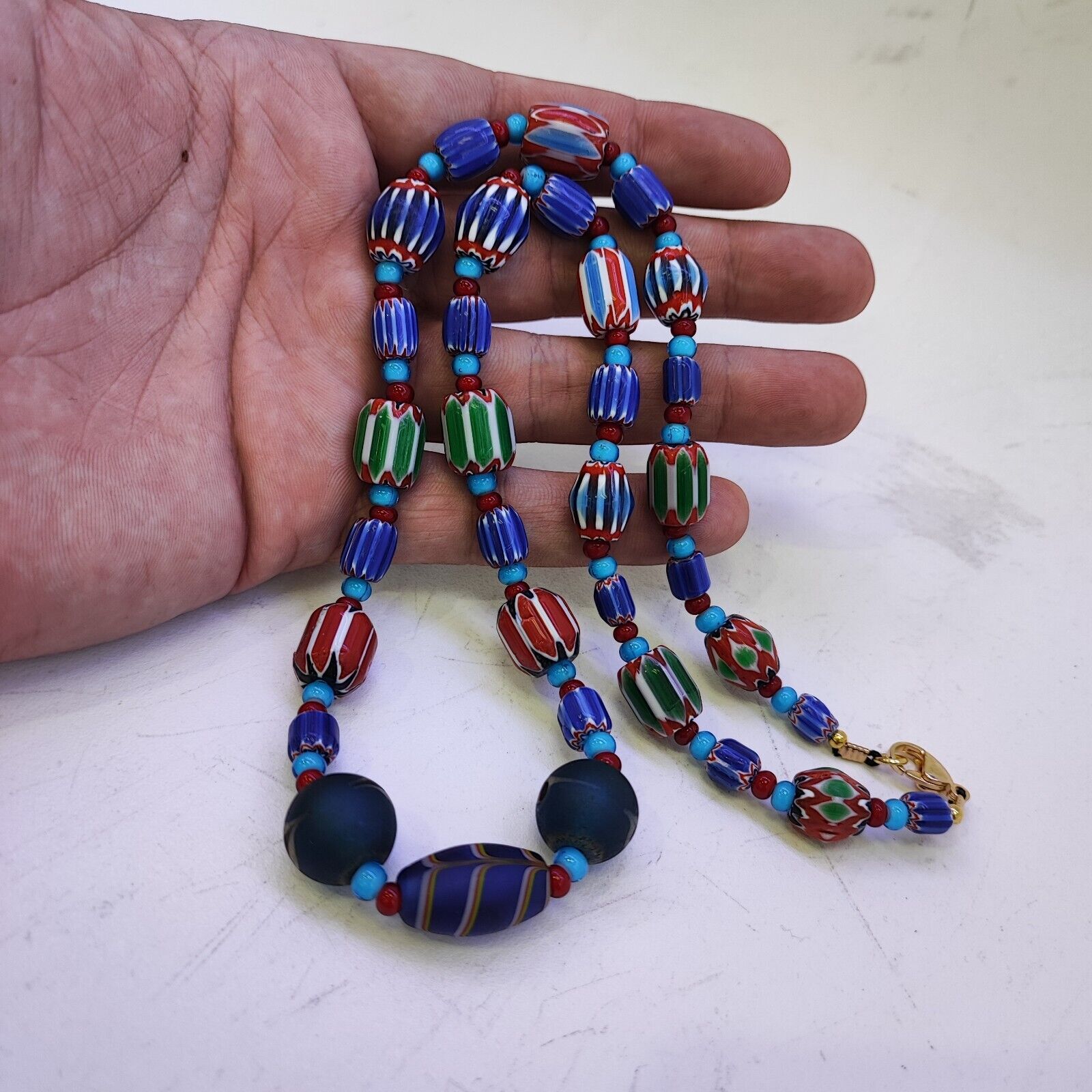 N95 Blue Chevron and White Heart Venetian Beads African Glass Beads Necklace