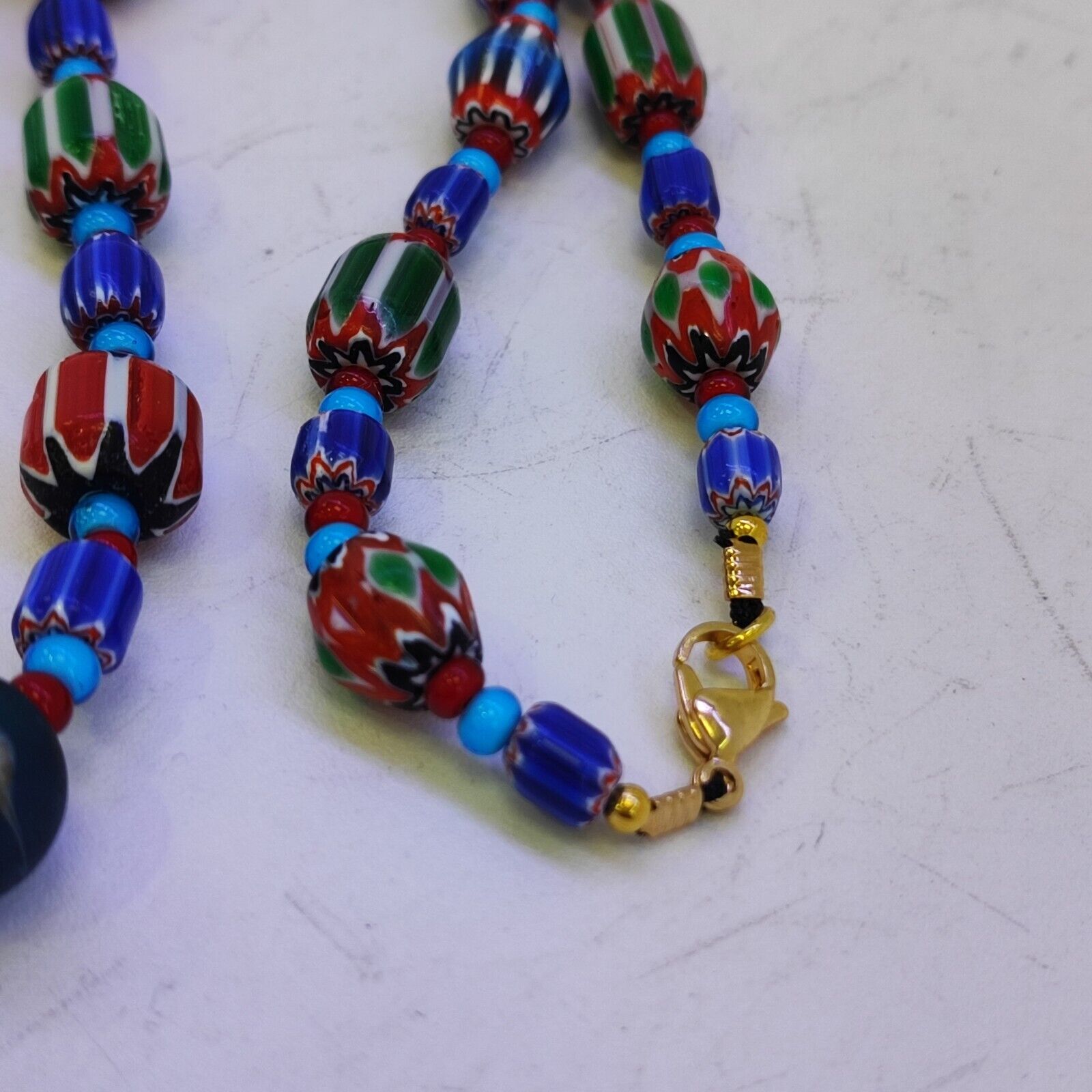 N95 Blue Chevron and White Heart Venetian Beads African Glass Beads Necklace