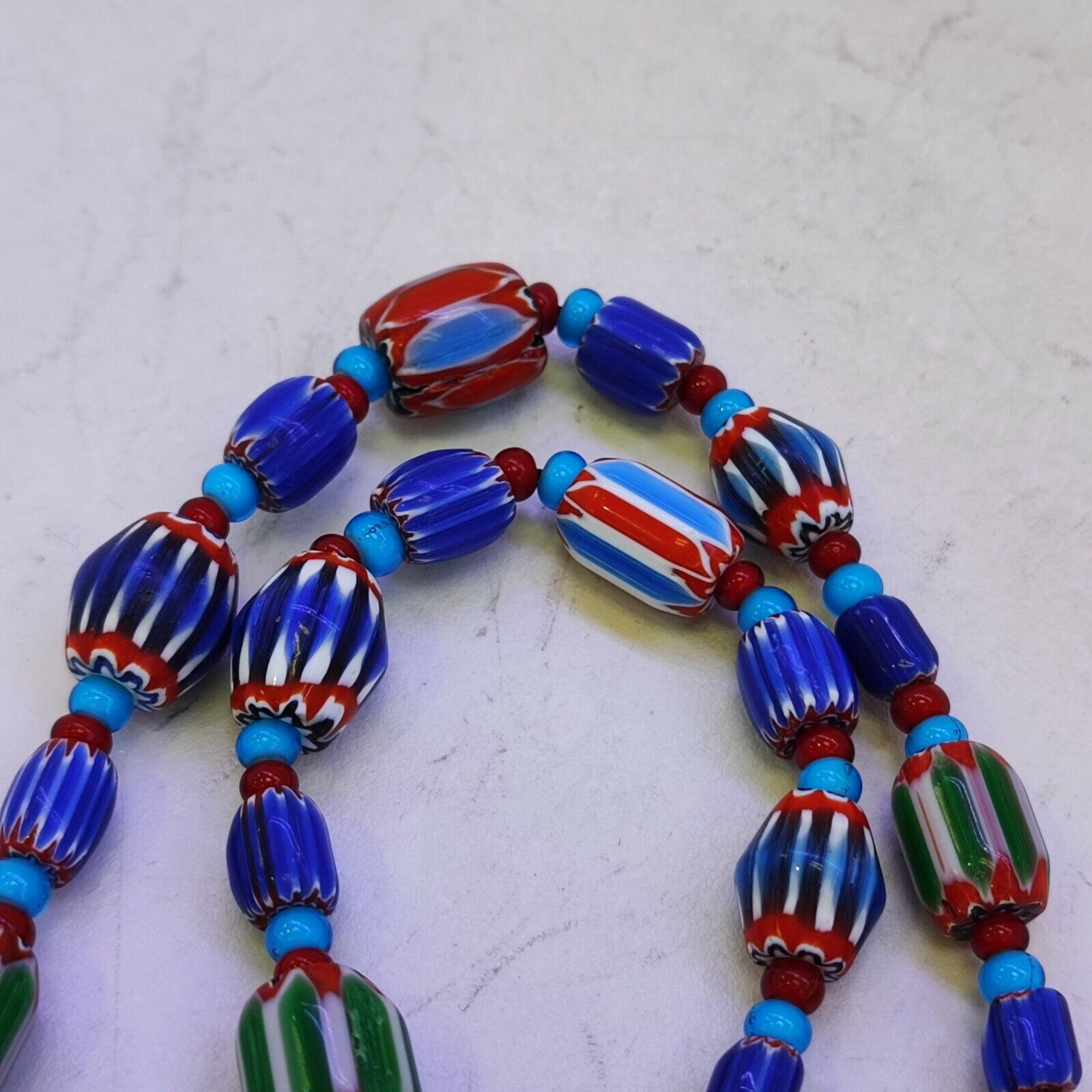 N95 Blue Chevron and White Heart Venetian Beads African Glass Beads Necklace