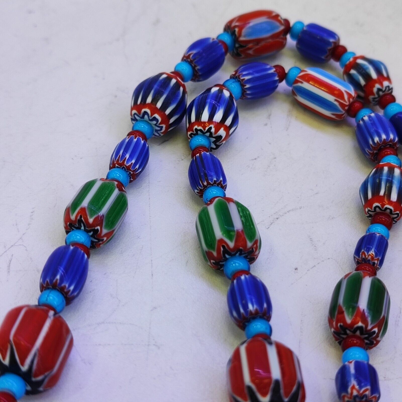 N95 Blue Chevron and White Heart Venetian Beads African Glass Beads Necklace