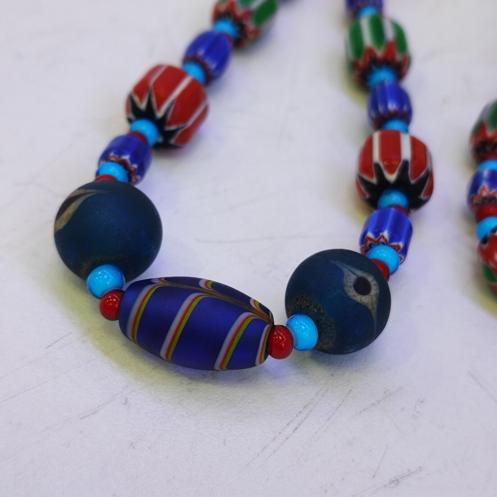 N95 Blue Chevron and White Heart Venetian Beads African Glass Beads Necklace