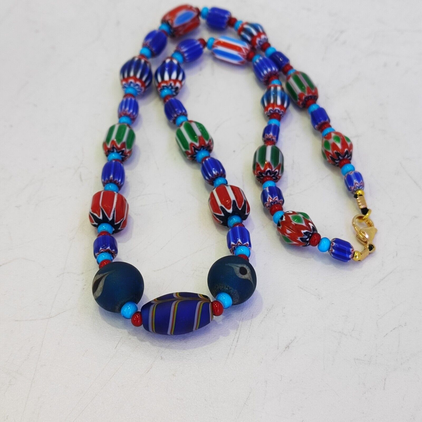 N95 Blue Chevron and White Heart Venetian Beads African Glass Beads Necklace