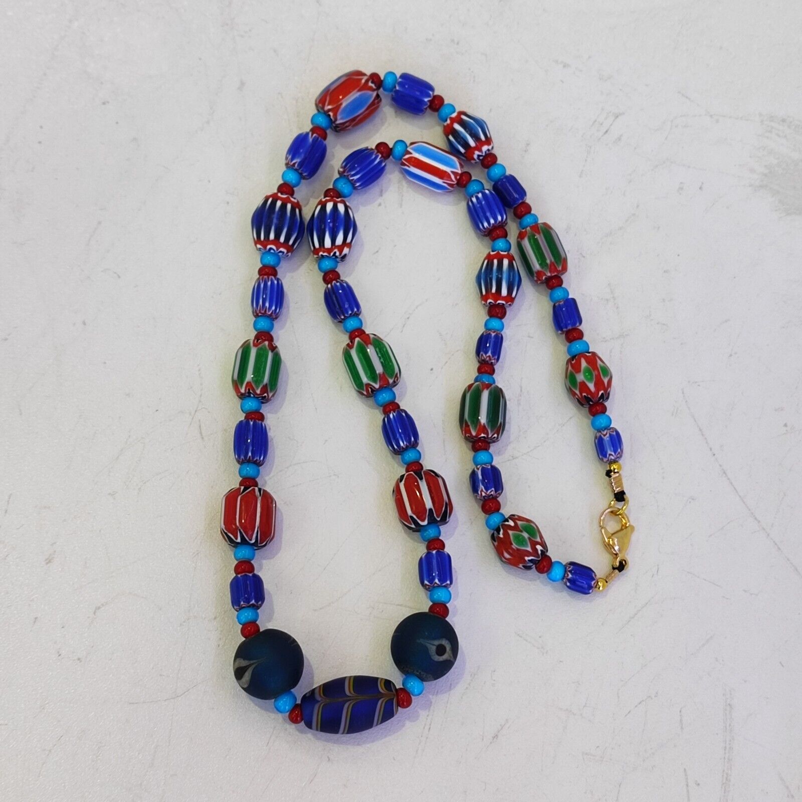 N95 Blue Chevron and White Heart Venetian Beads African Glass Beads Necklace