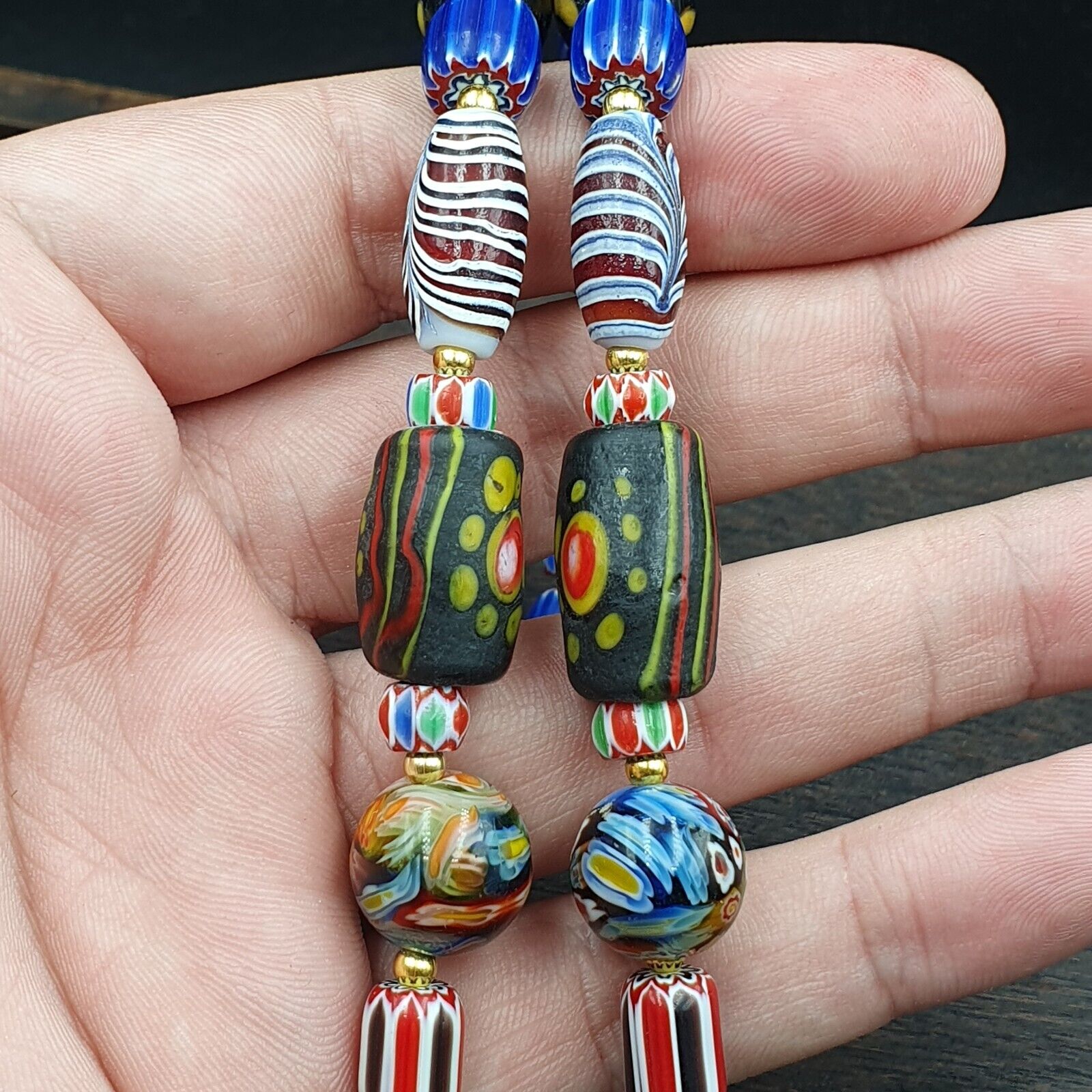 Vintage Fancy Chevron Feather Venetian Style Beads | African Necklace