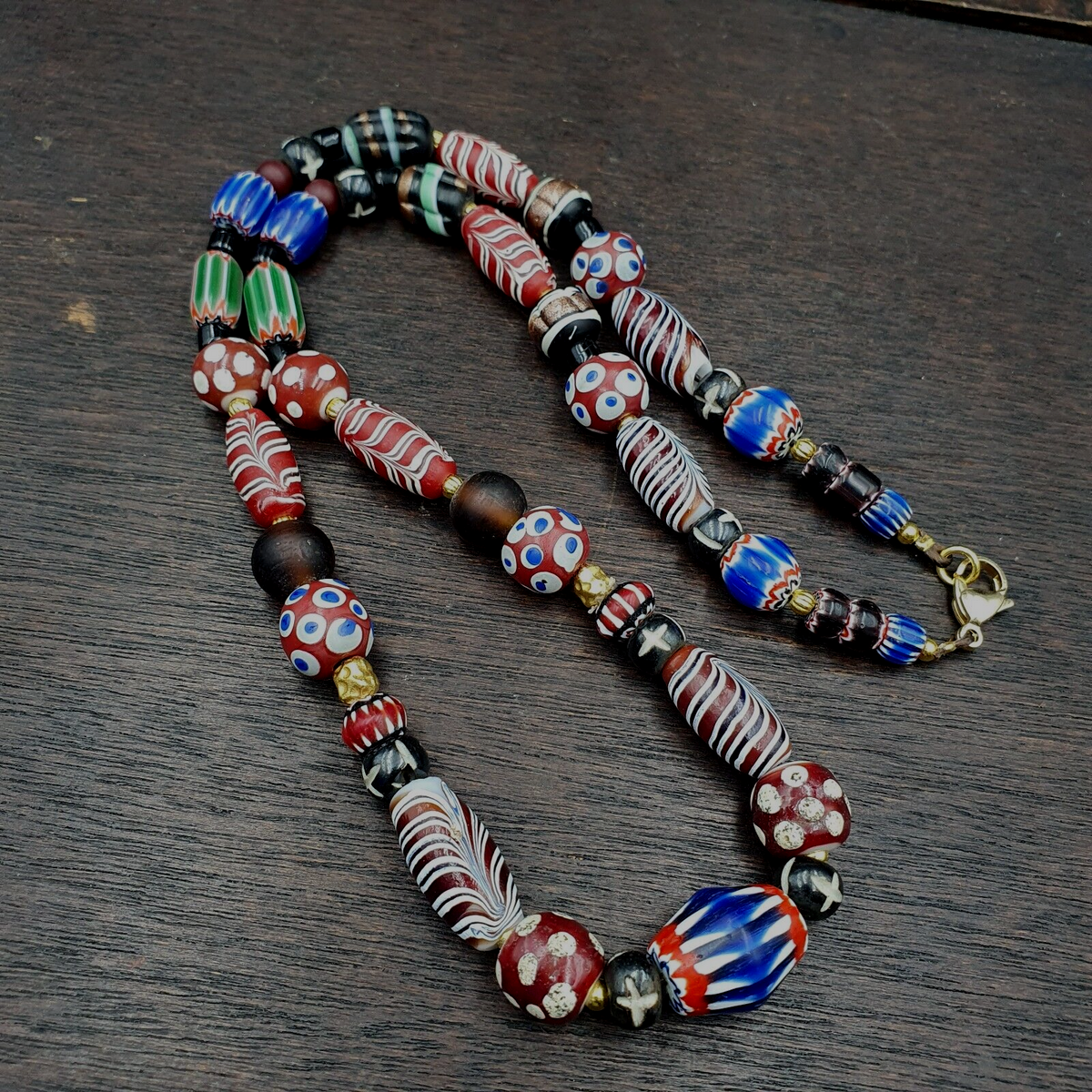 Blue Chevron Skunk White Heart Feather Venetian Beads African Beads Necklace