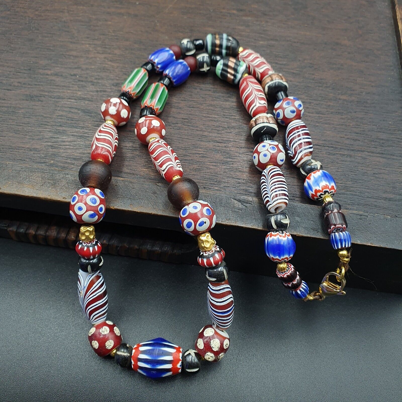 Blue Chevron Skunk White Heart Feather Venetian Beads African Beads Necklace