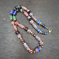 Blue Chevron Skunk White Heart Feather Venetian Beads African Beads Necklace