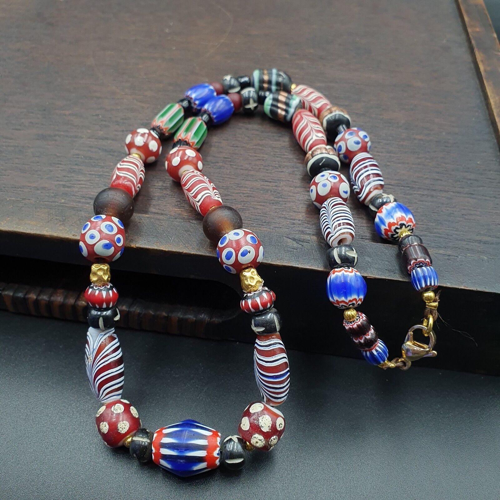 Blue Chevron Skunk White Heart Feather Venetian Beads African Beads Necklace