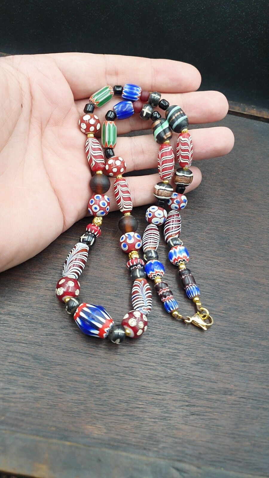 Blue Chevron Skunk White Heart Feather Venetian Beads African Beads Necklace