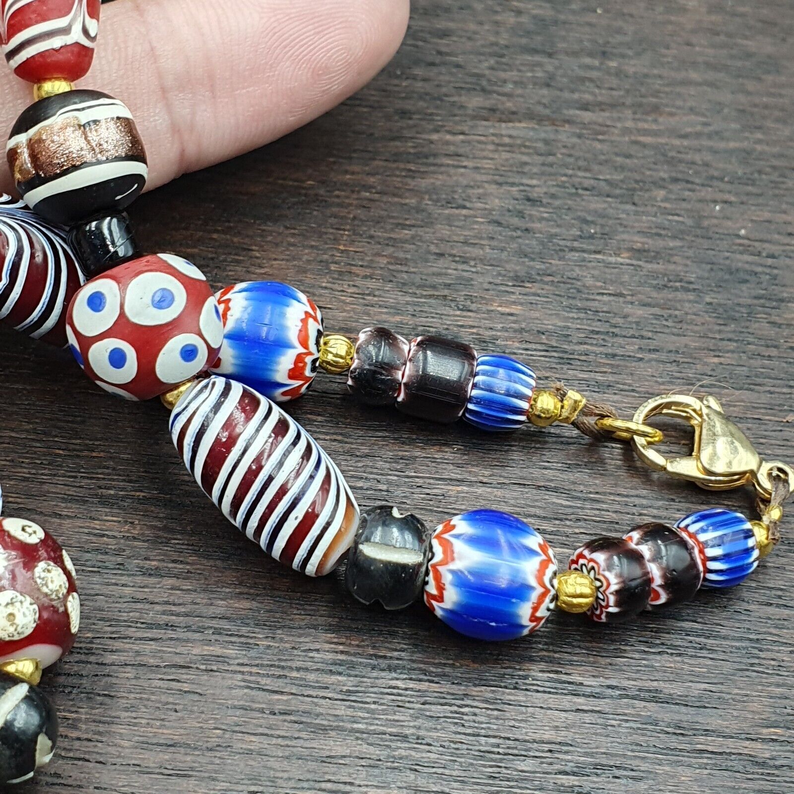 Blue Chevron Skunk White Heart Feather Venetian Beads African Beads Necklace