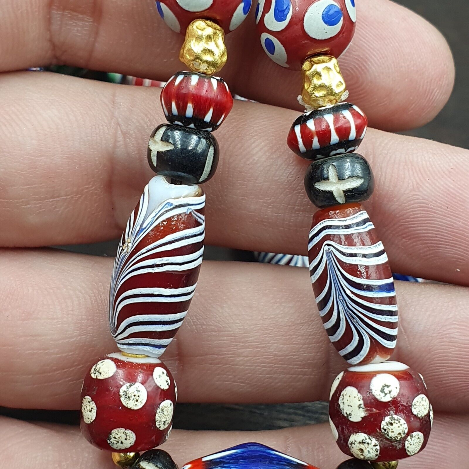 Blue Chevron Skunk White Heart Feather Venetian Beads African Beads Necklace
