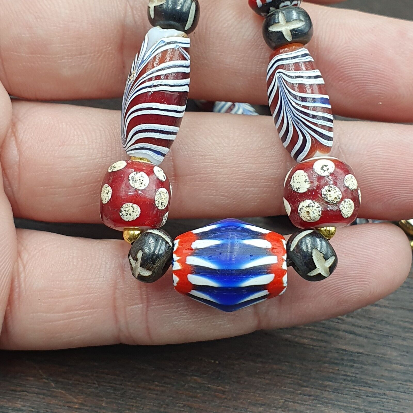 Blue Chevron Skunk White Heart Feather Venetian Beads African Beads Necklace