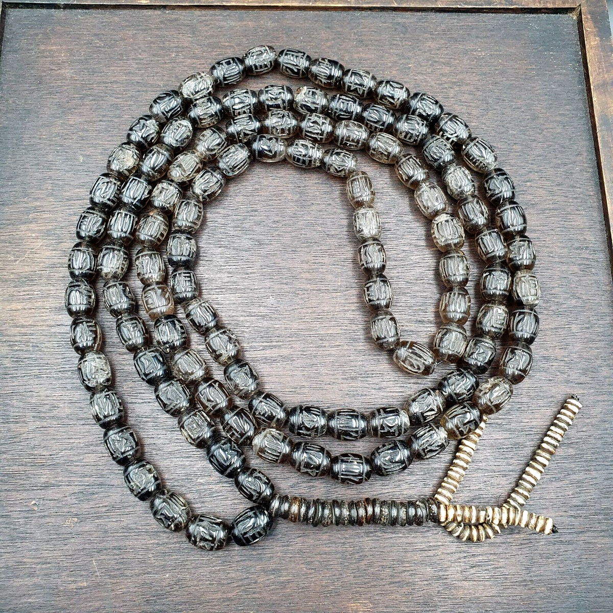TIBETAN ANTIQUE OLD Carving Smokey Quartz 108 PRAYER BEADS MALA ROSARY NECKLACE