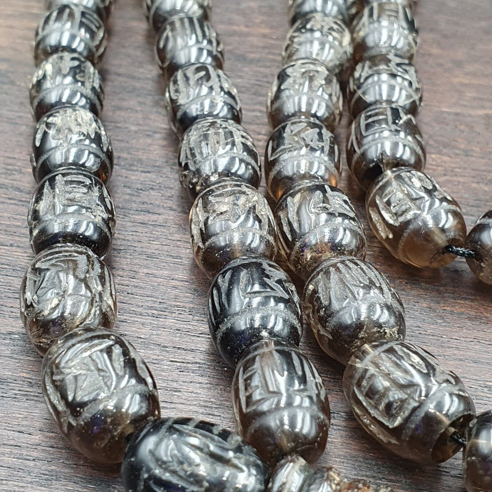 TIBETAN ANTIQUE OLD Carving Smokey Quartz 108 PRAYER BEADS MALA ROSARY NECKLACE