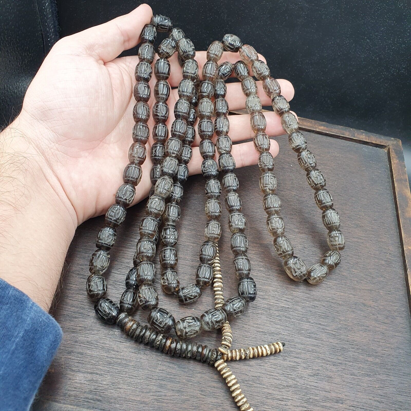 TIBETAN ANTIQUE OLD Carving Smokey Quartz 108 PRAYER BEADS MALA ROSARY NECKLACE
