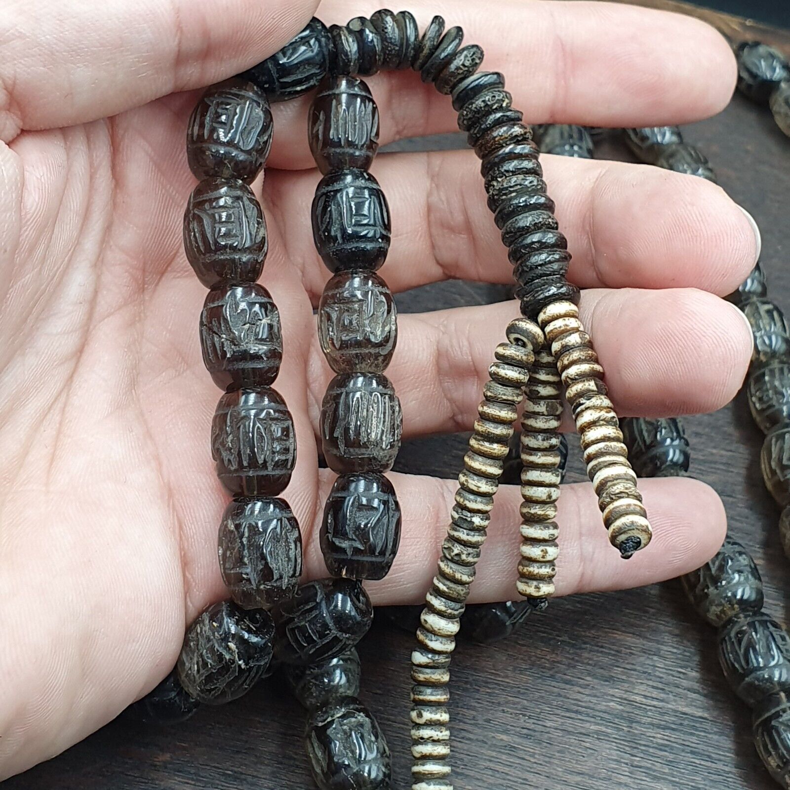 TIBETAN ANTIQUE OLD Carving Smokey Quartz 108 PRAYER BEADS MALA ROSARY NECKLACE