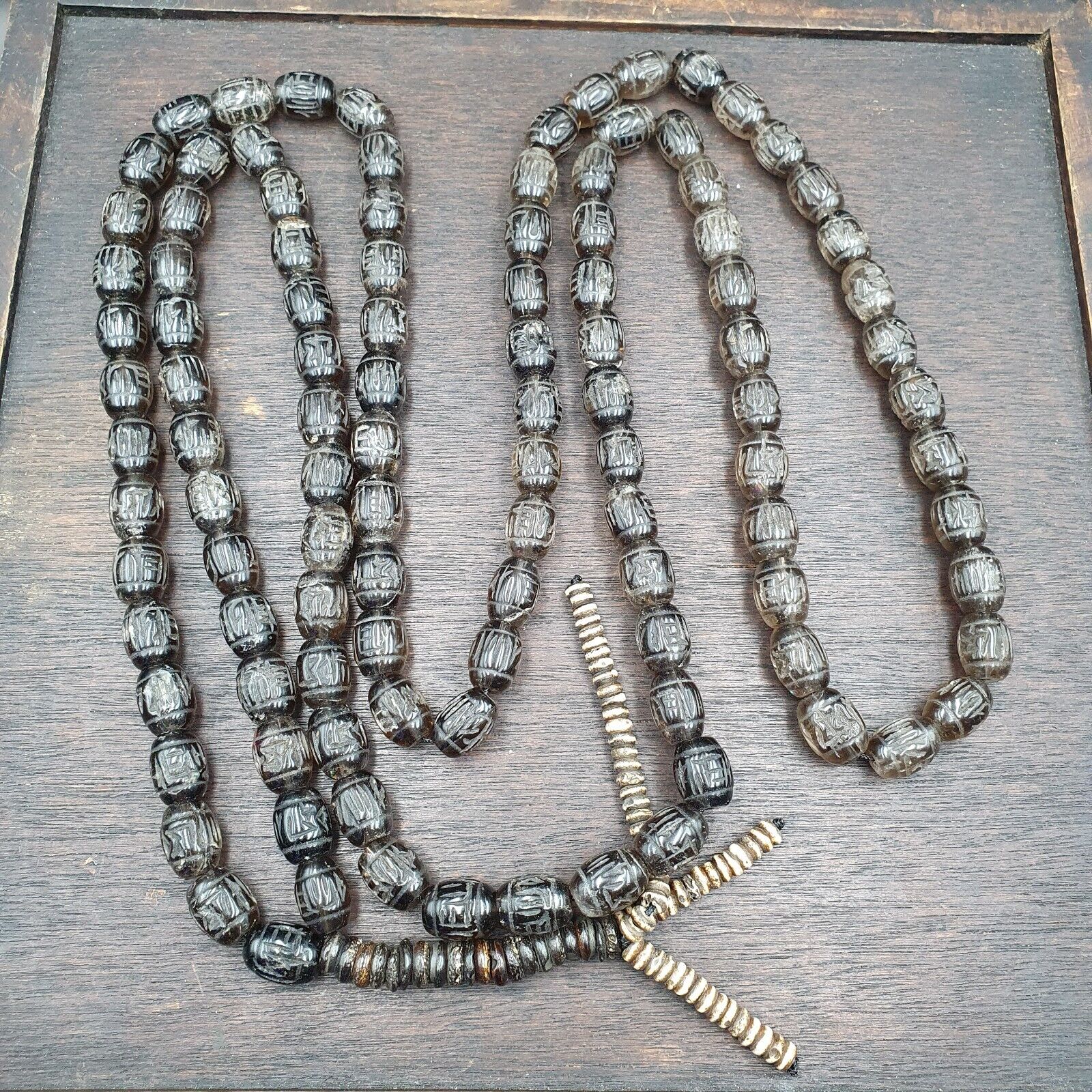TIBETAN ANTIQUE OLD Carving Smokey Quartz 108 PRAYER BEADS MALA ROSARY NECKLACE