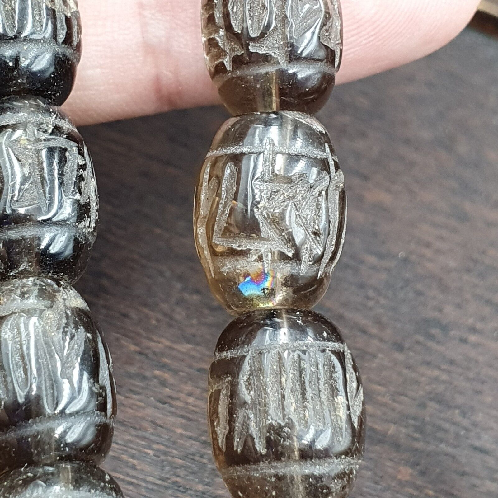 TIBETAN ANTIQUE OLD Carving Smokey Quartz 108 PRAYER BEADS MALA ROSARY NECKLACE