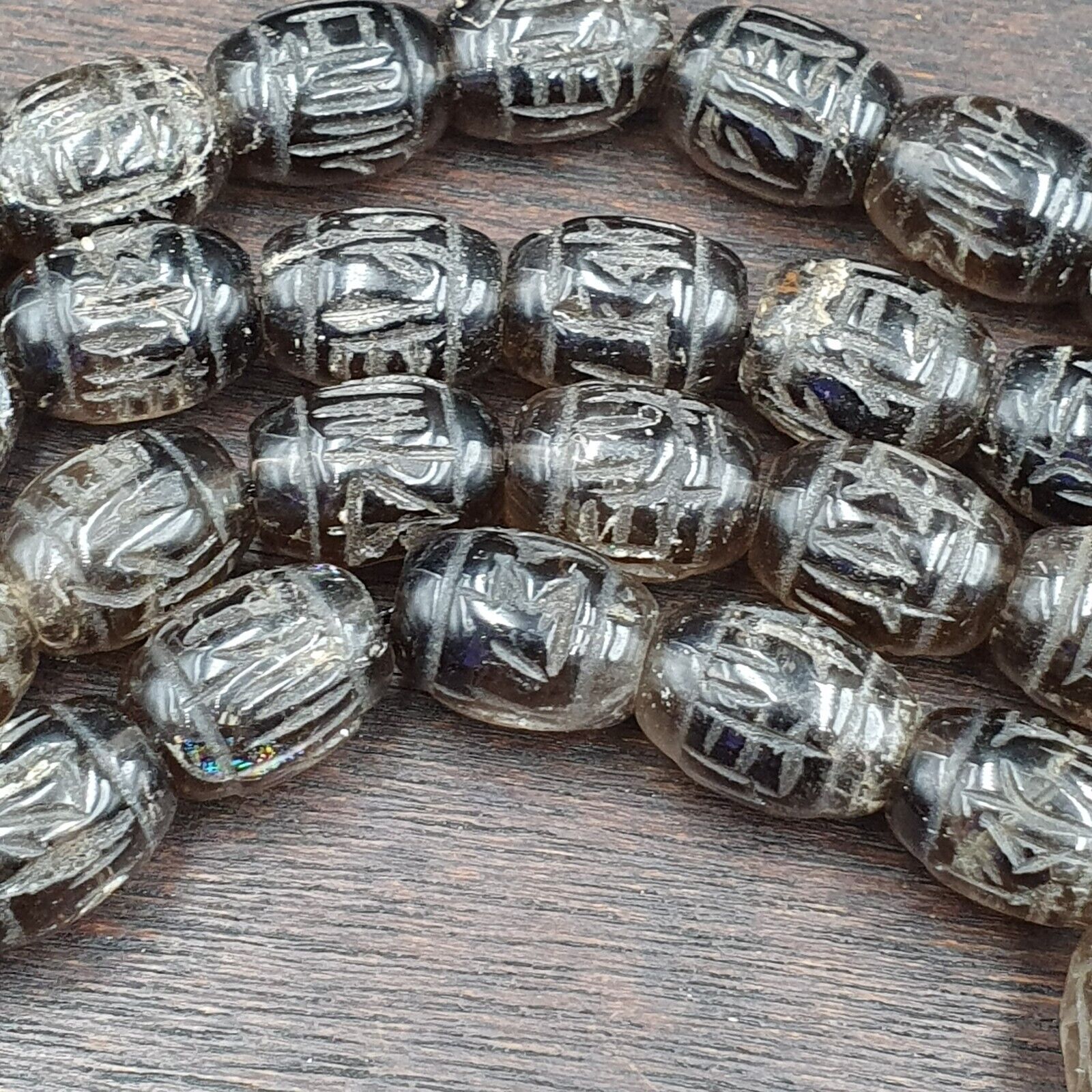 TIBETAN ANTIQUE OLD Carving Smokey Quartz 108 PRAYER BEADS MALA ROSARY NECKLACE