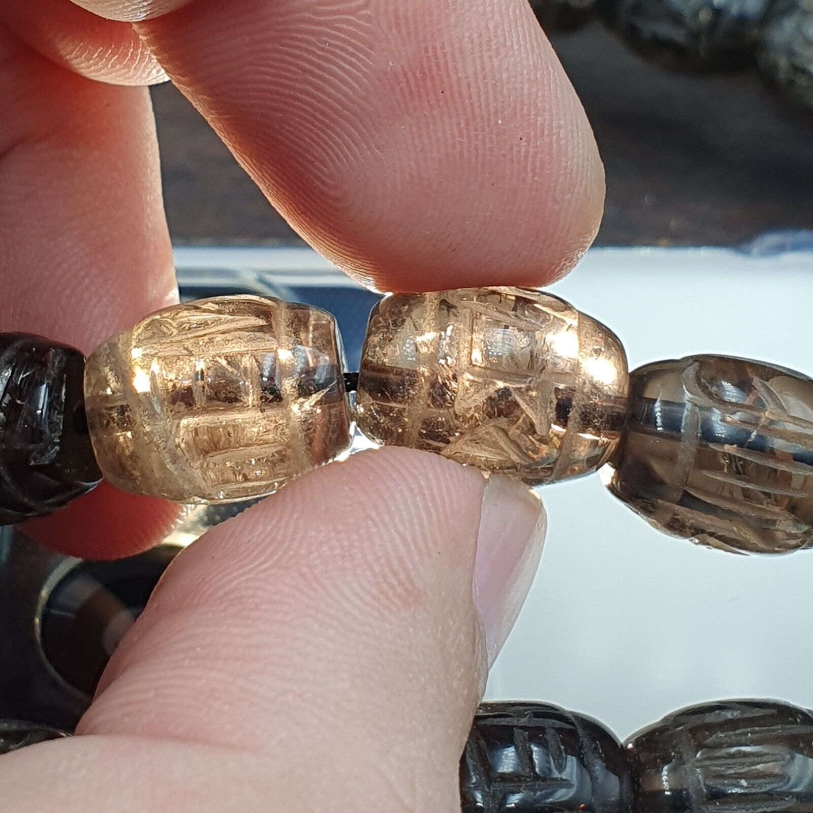 TIBETAN ANTIQUE OLD Carving Smokey Quartz 108 PRAYER BEADS MALA ROSARY NECKLACE