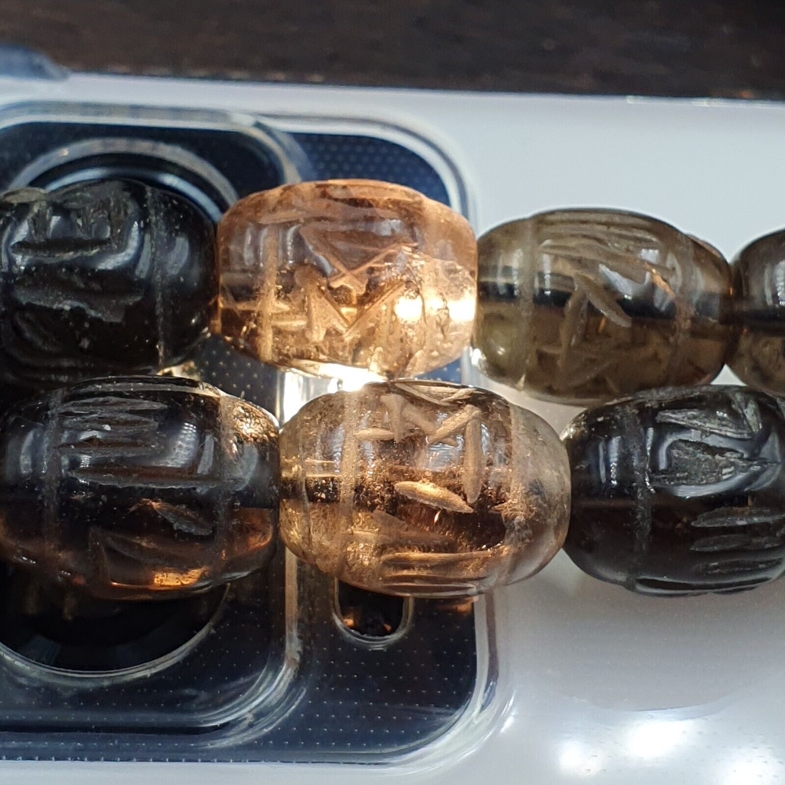 TIBETAN ANTIQUE OLD Carving Smokey Quartz 108 PRAYER BEADS MALA ROSARY NECKLACE