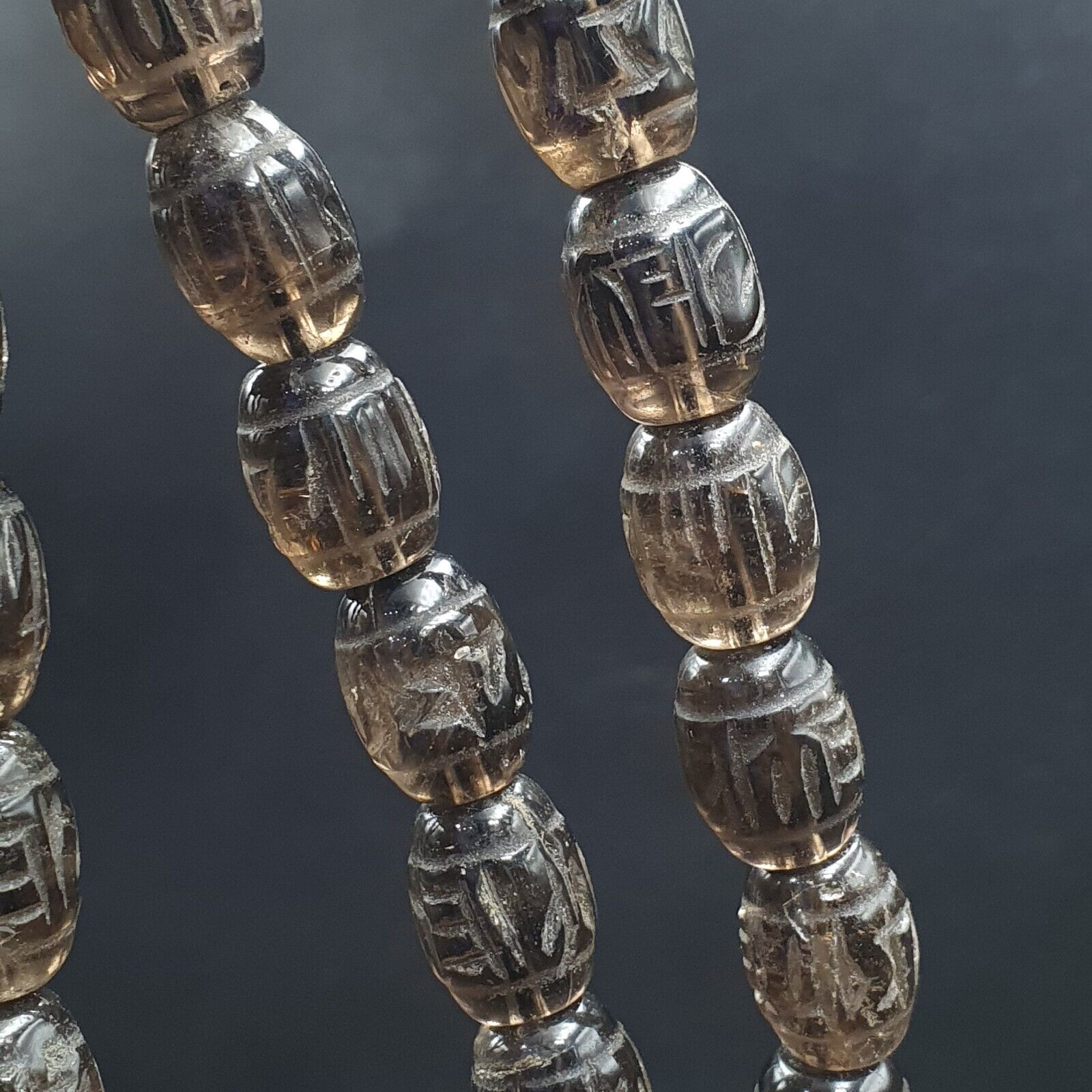 TIBETAN ANTIQUE OLD Carving Smokey Quartz 108 PRAYER BEADS MALA ROSARY NECKLACE