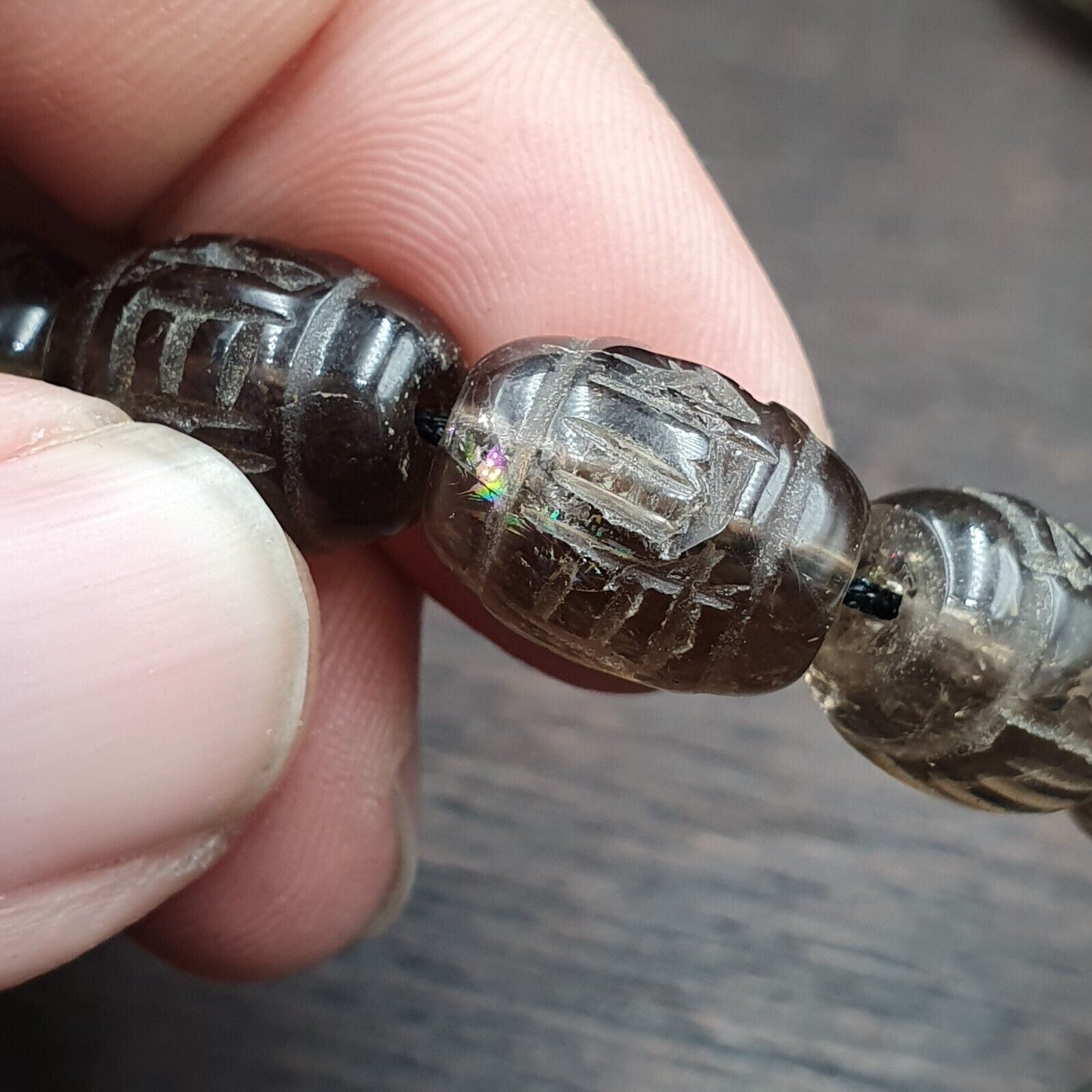 TIBETAN ANTIQUE OLD Carving Smokey Quartz 108 PRAYER BEADS MALA ROSARY NECKLACE