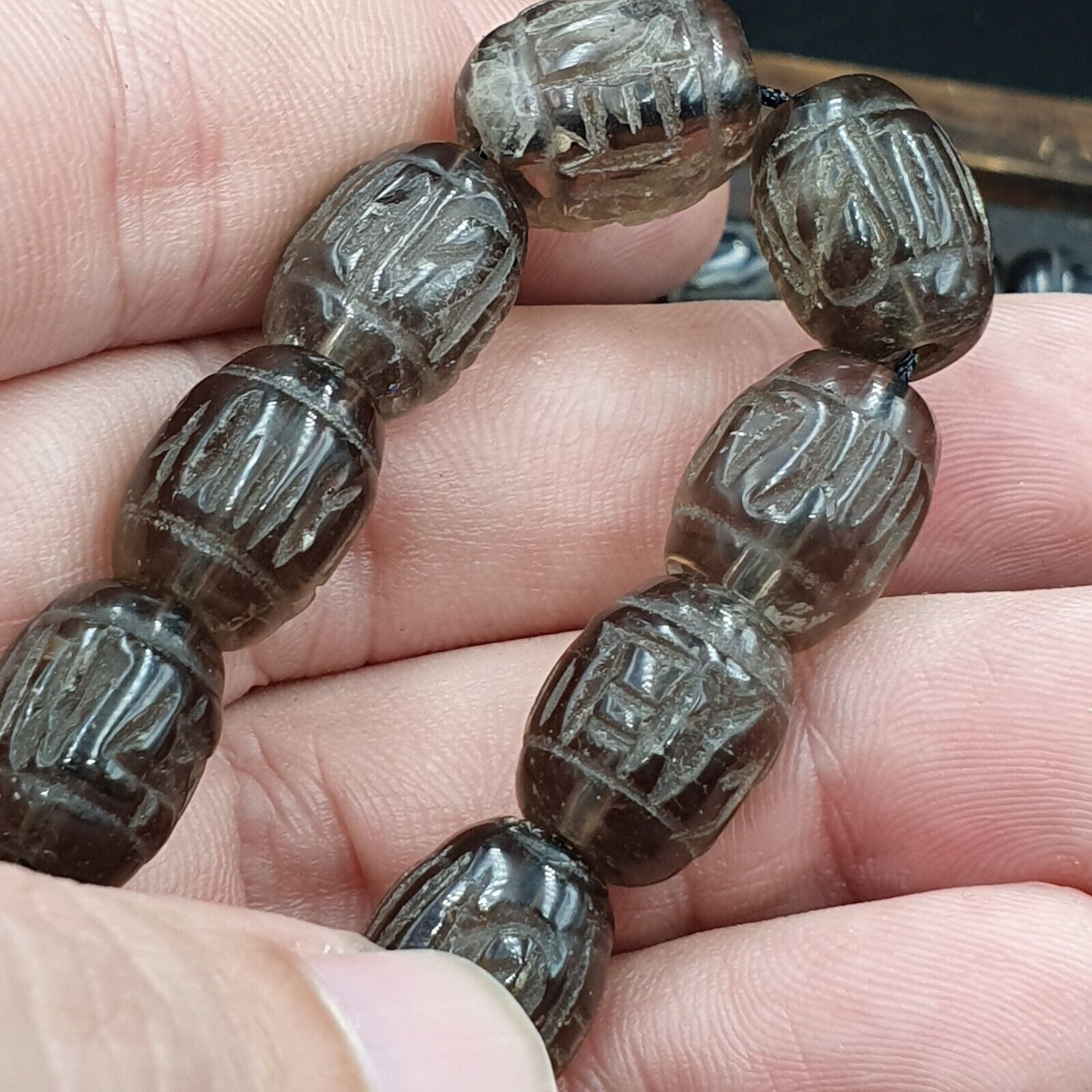 TIBETAN ANTIQUE OLD Carving Smokey Quartz 108 PRAYER BEADS MALA ROSARY NECKLACE