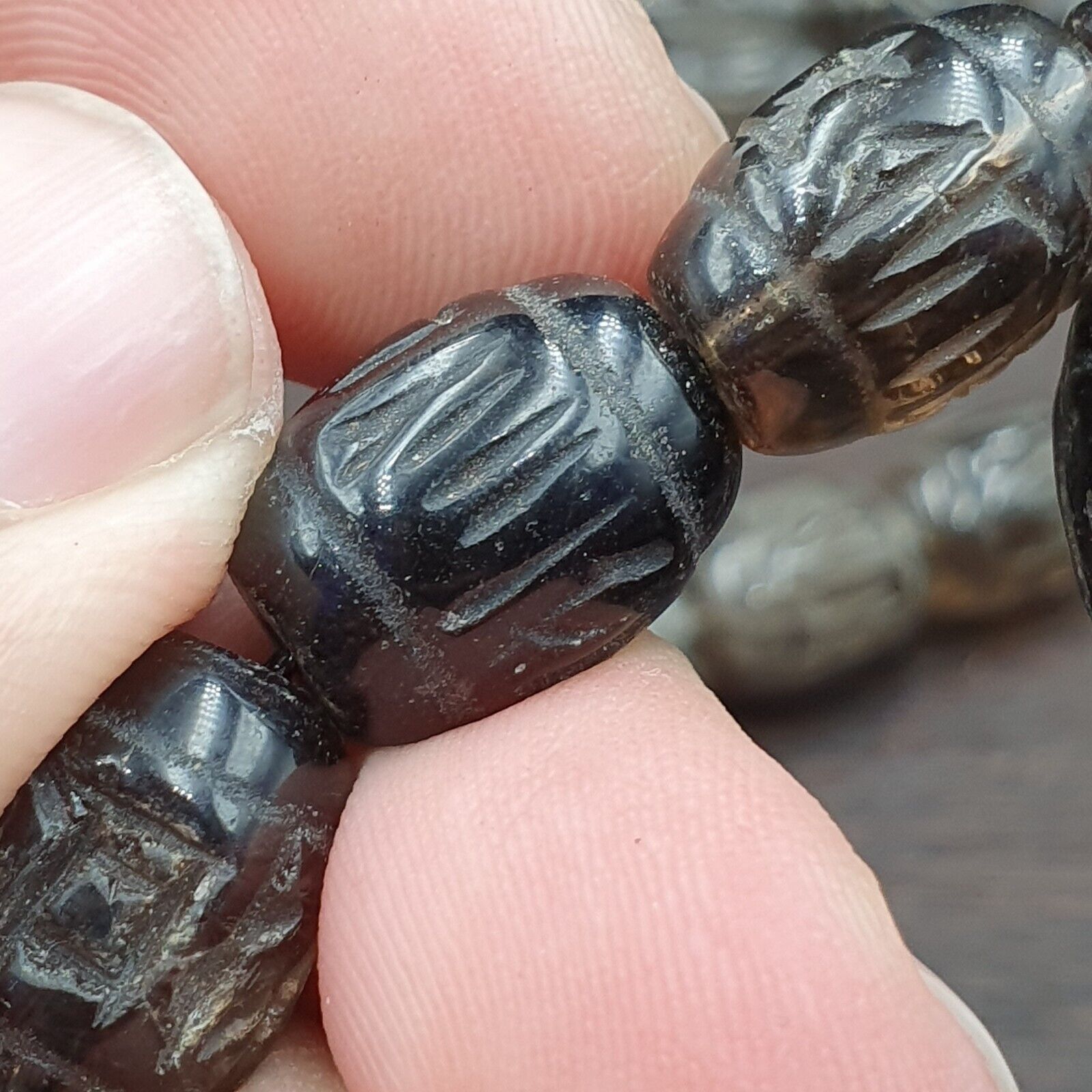 TIBETAN ANTIQUE OLD Carving Smokey Quartz 108 PRAYER BEADS MALA ROSARY NECKLACE