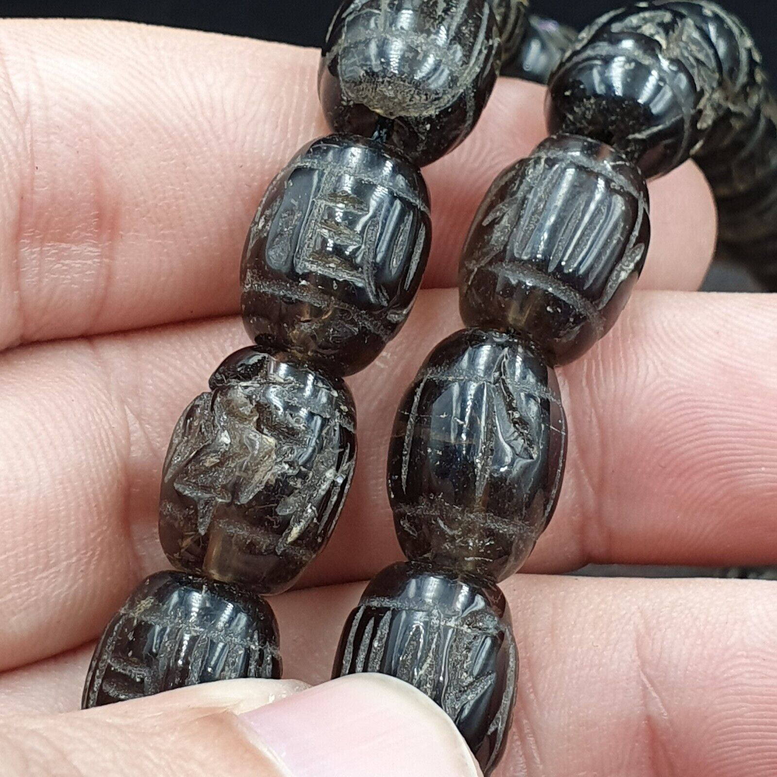 TIBETAN ANTIQUE OLD Carving Smokey Quartz 108 PRAYER BEADS MALA ROSARY NECKLACE