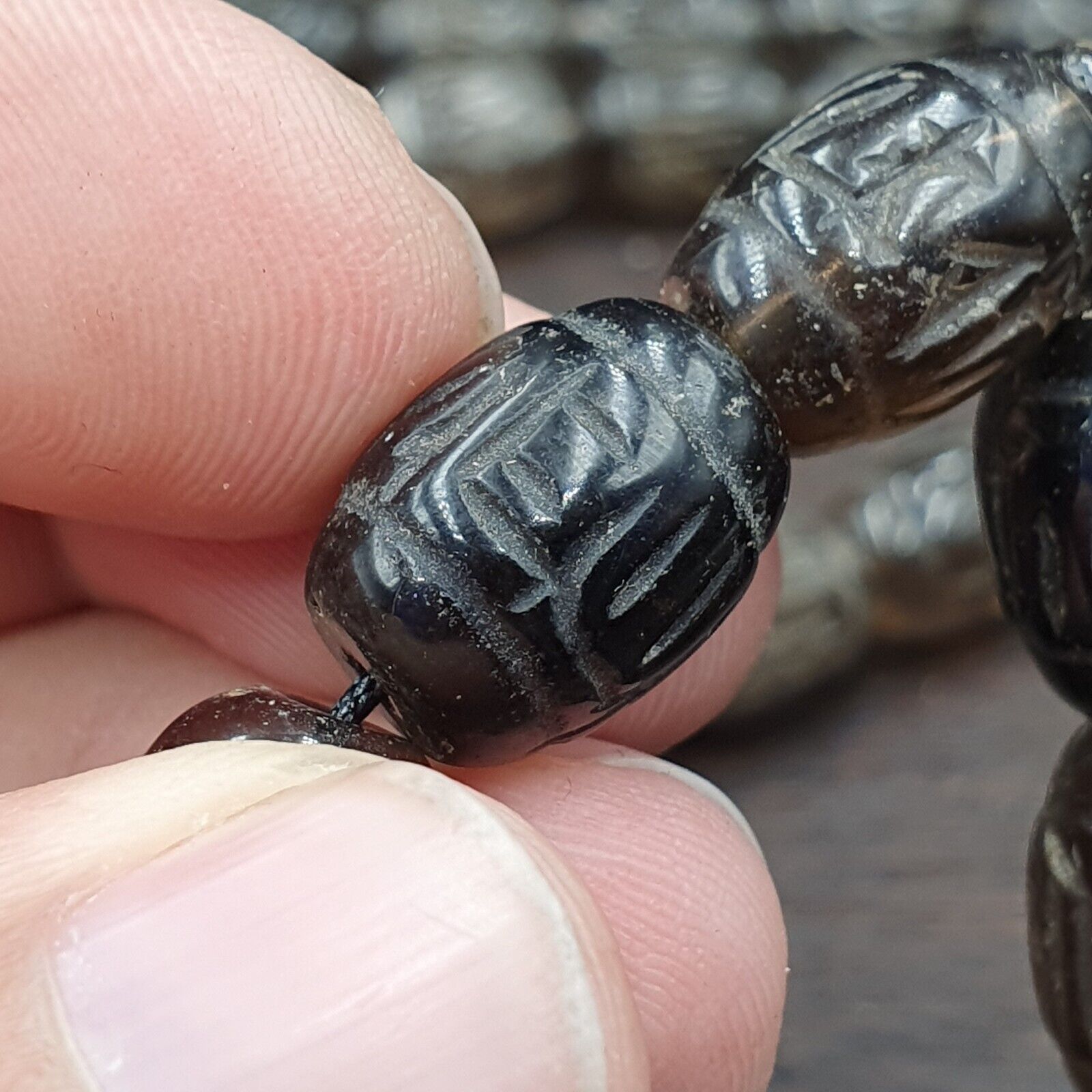 TIBETAN ANTIQUE OLD Carving Smokey Quartz 108 PRAYER BEADS MALA ROSARY NECKLACE