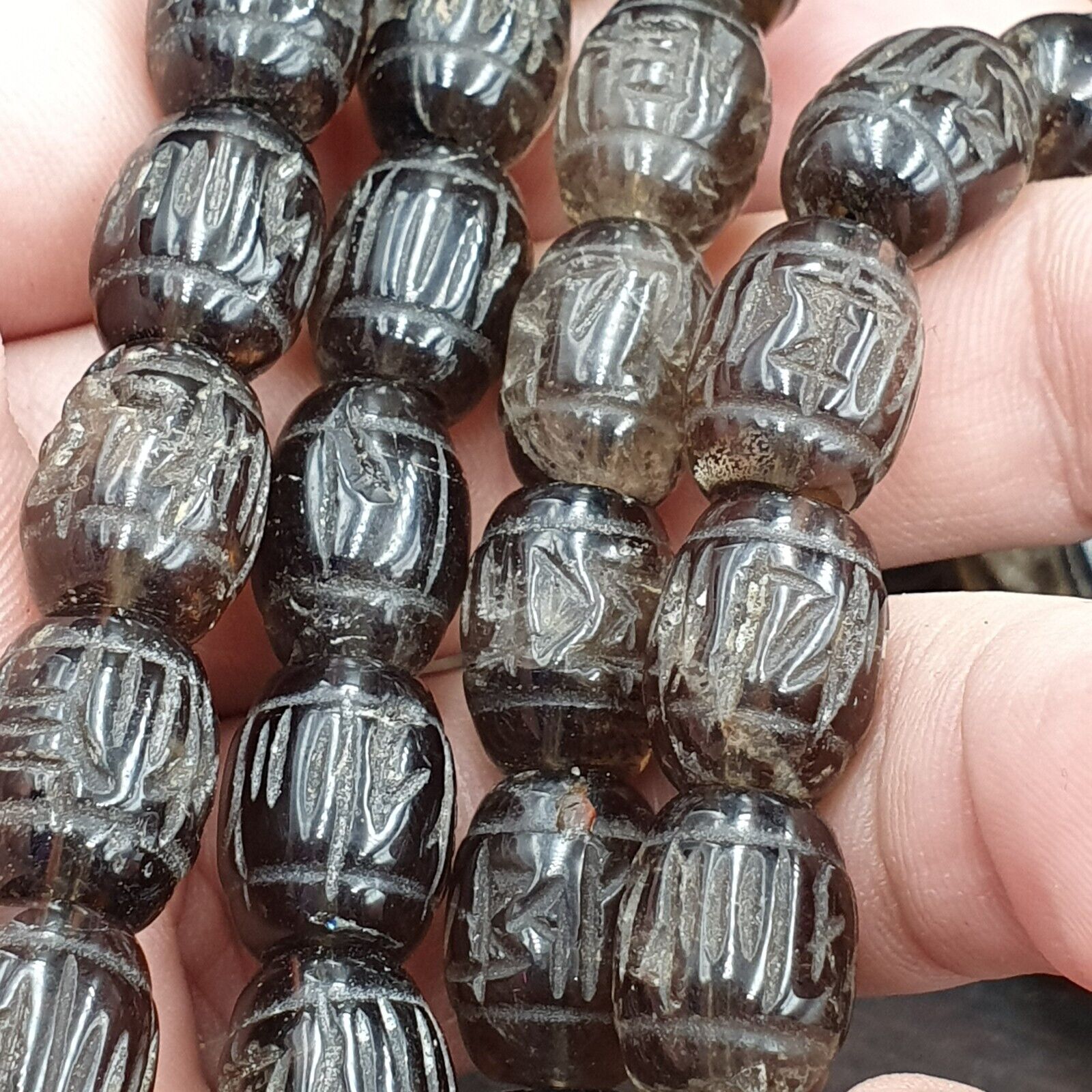 TIBETAN ANTIQUE OLD Carving Smokey Quartz 108 PRAYER BEADS MALA ROSARY NECKLACE